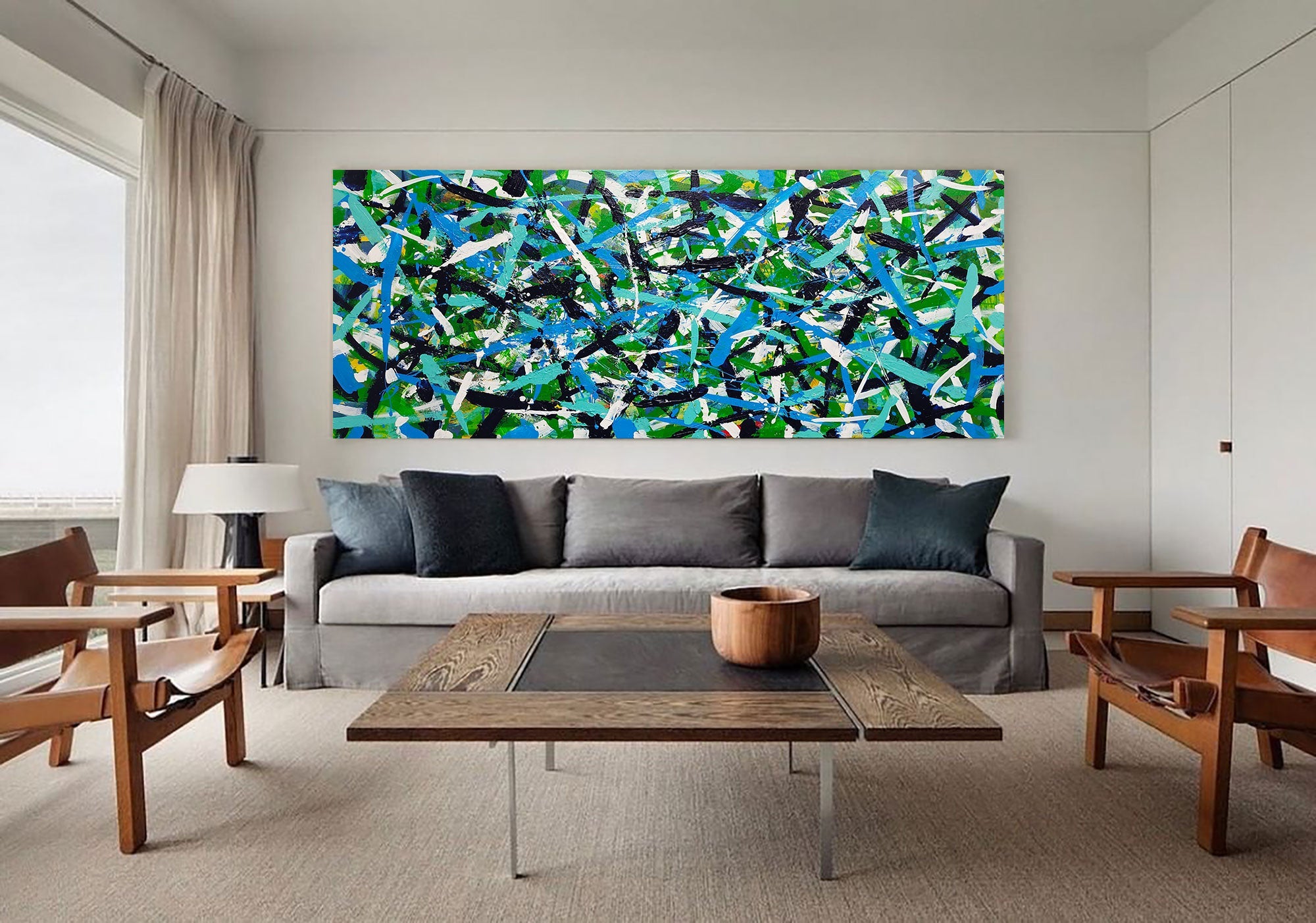 Abstract Expressionist Green Blue Teal Black Acrylic on Canvas Painting
