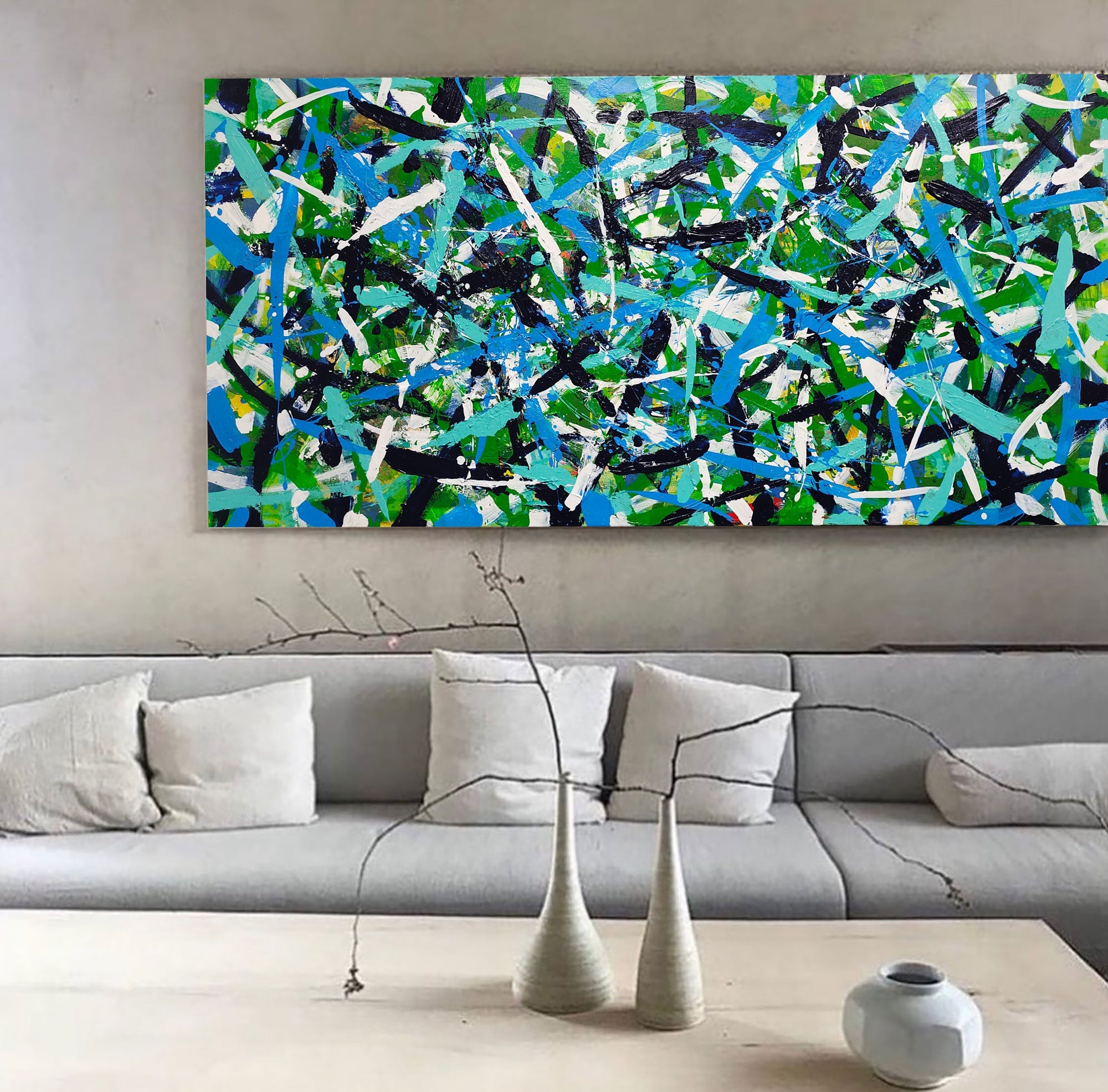 Abstract Expressionist Green Blue Teal Black Acrylic on Canvas Painting