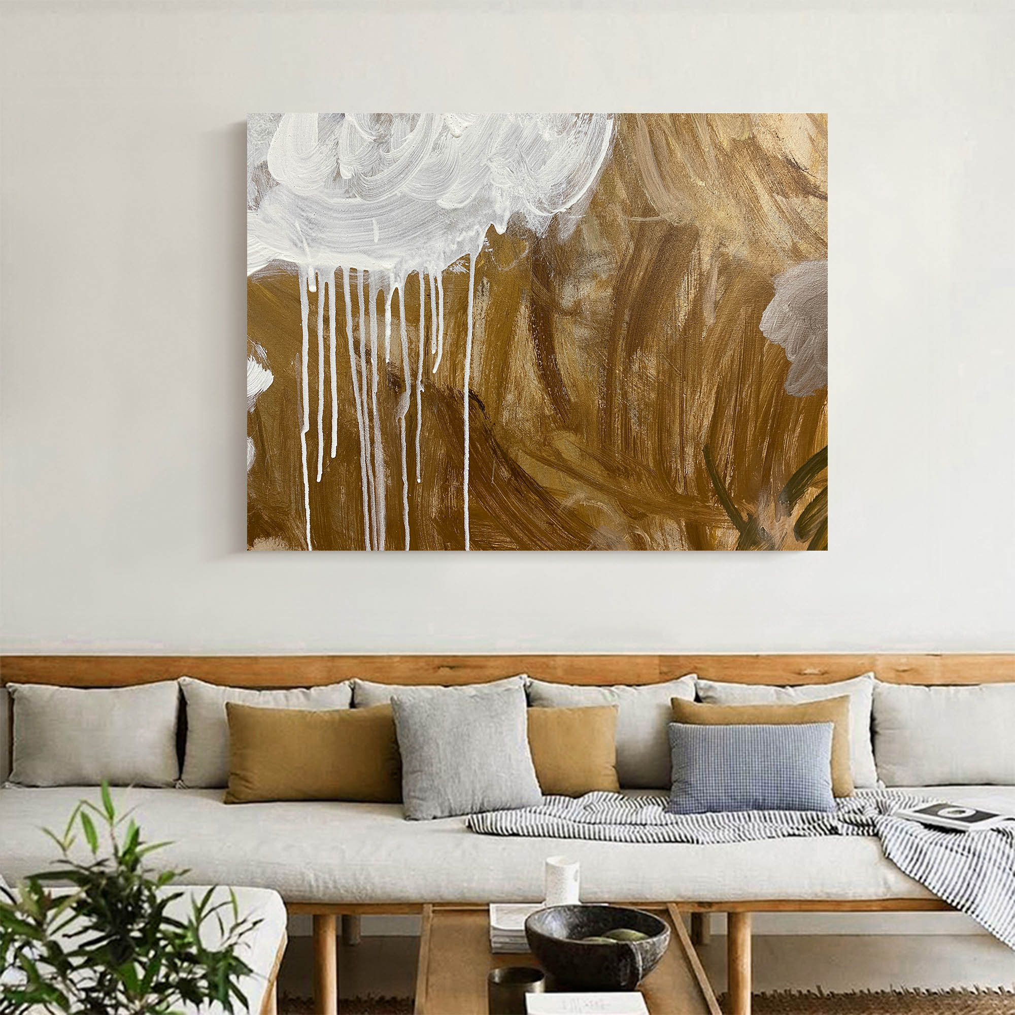 Luxury Golden Toned Dripping Paint Abstract Hanging Artwork