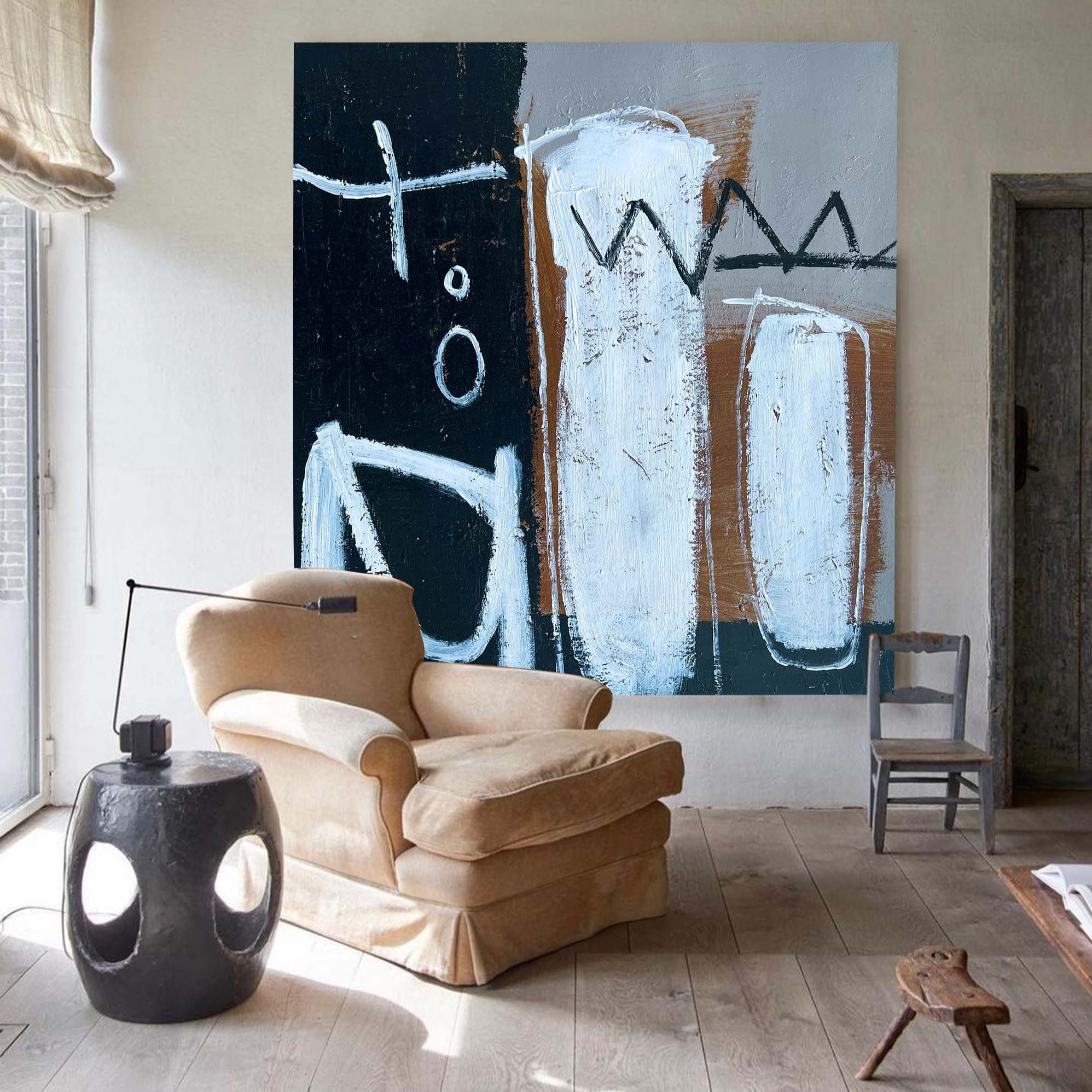 Black‑White‑Rust Square Primitive‑Mark Impasto‑Textured Artwork