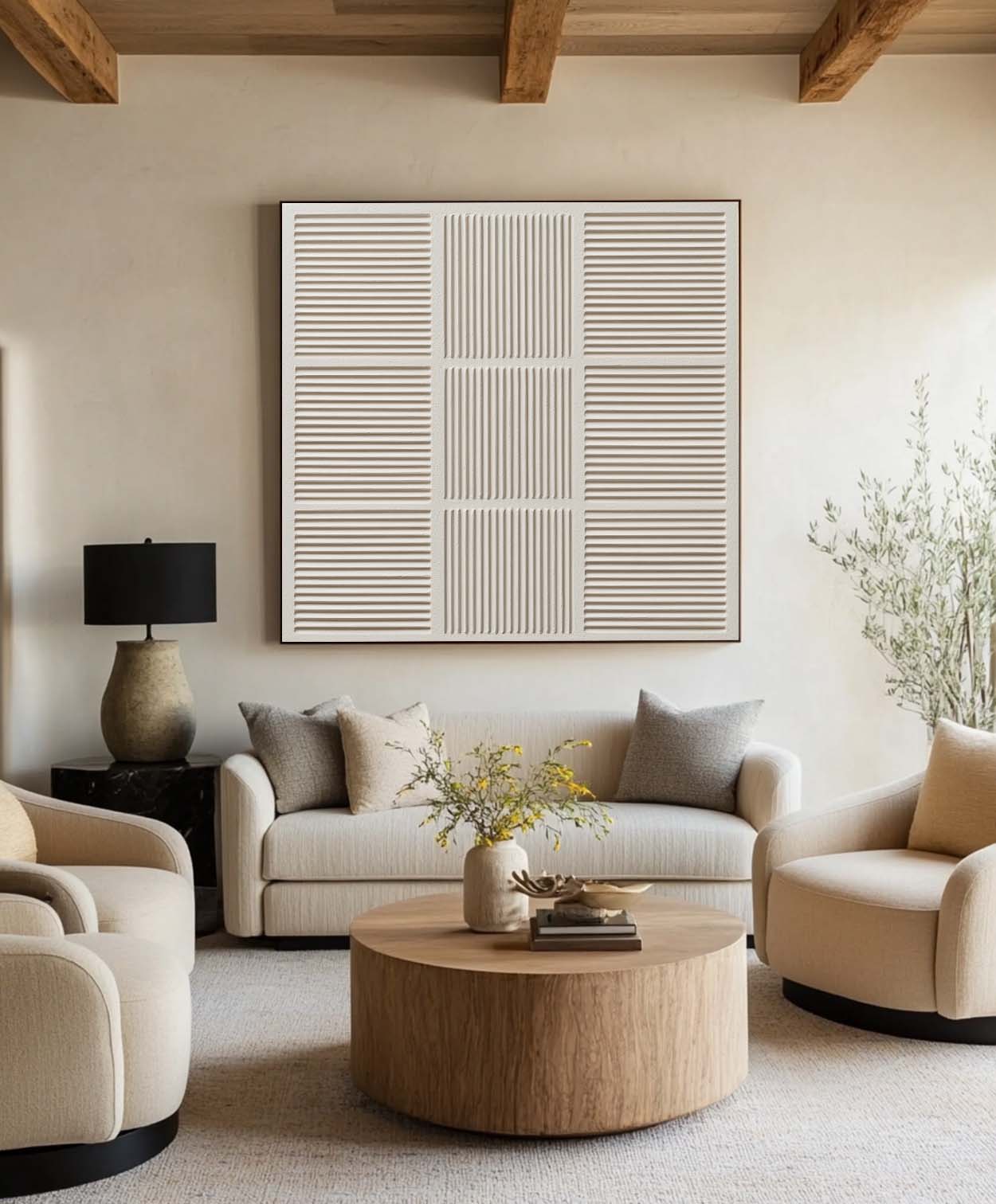 Elowen Beige Geometric Grid Canvas Wall Art