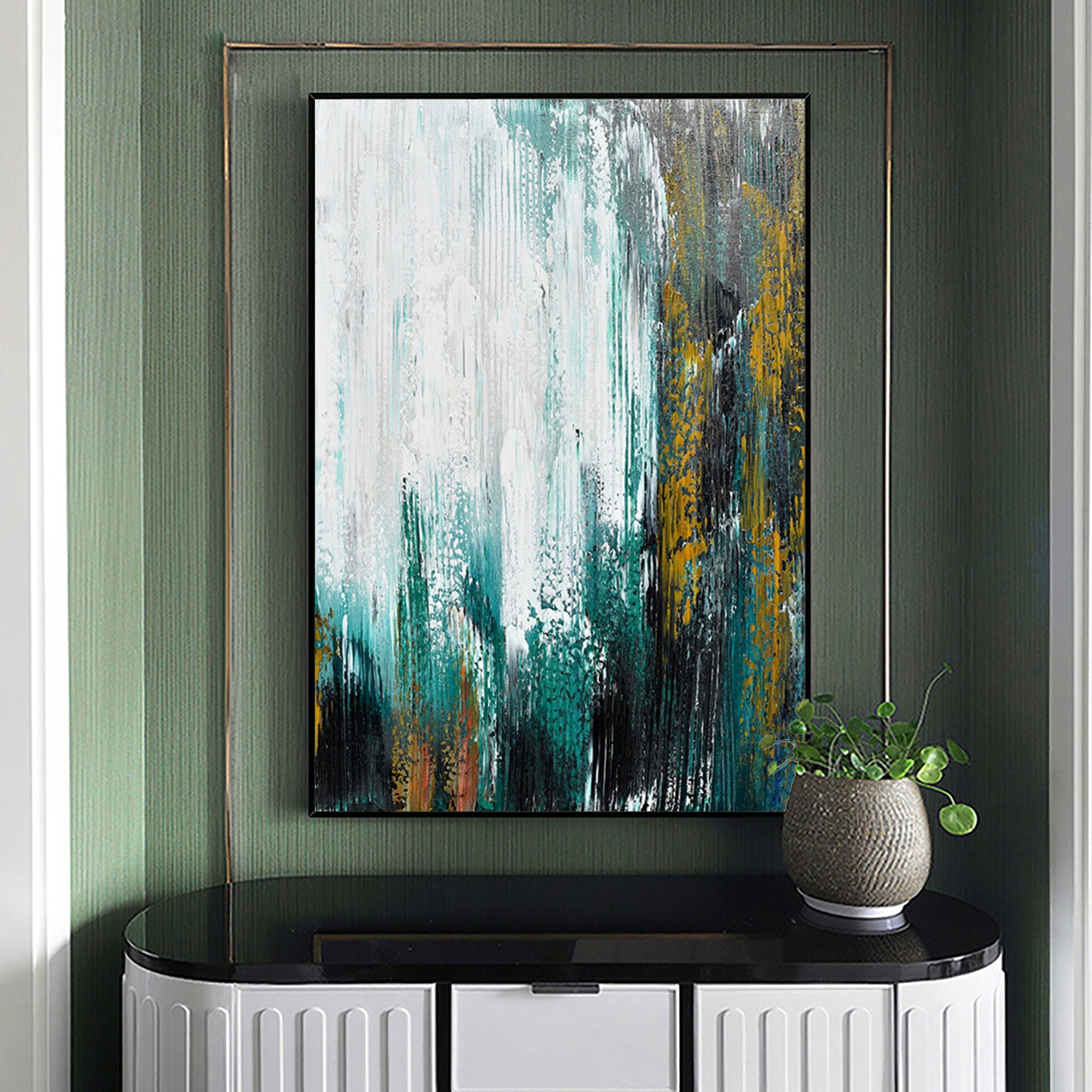 Large Contemporary Abstract Teal Gold White Textured Vertical Oil Painting on Linen Canvas