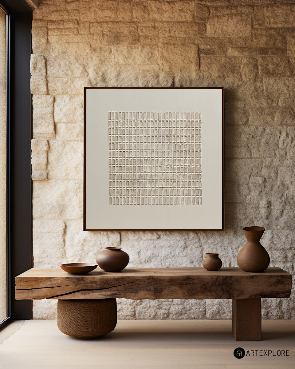 Neutral Grid Pattern Textured Contemporary Wall Art