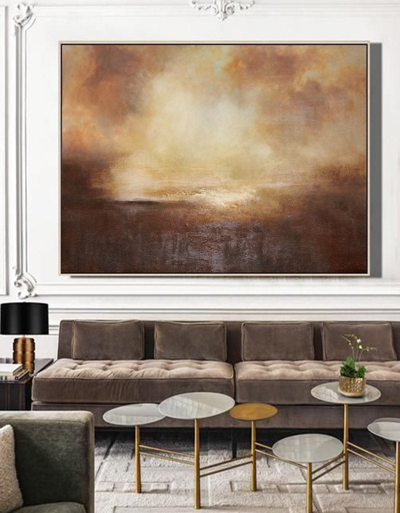 Brown‑Amber Horizontal Golden‑Sky Abstract Landscape Textured Artwork