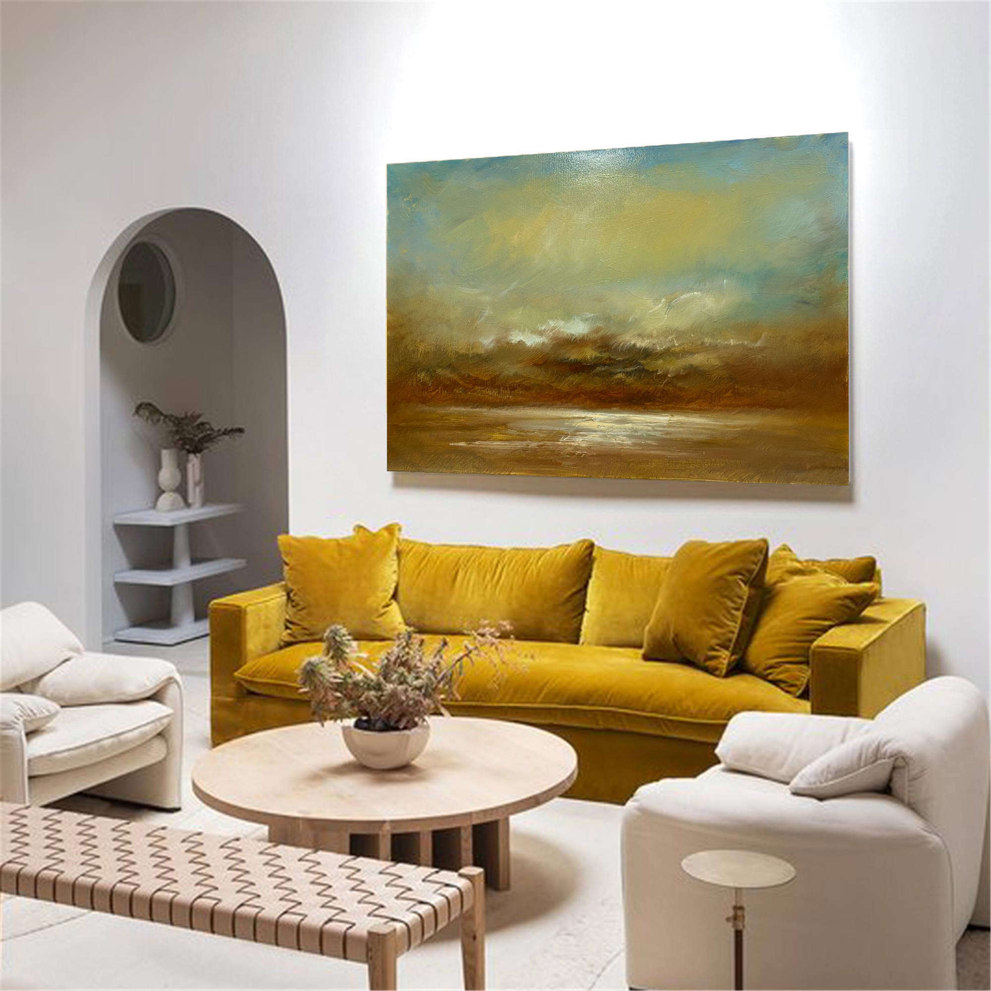 Abstract Teal Gold Coastal Sunset Landscape Oil Acrylic Linen Canvas Painting