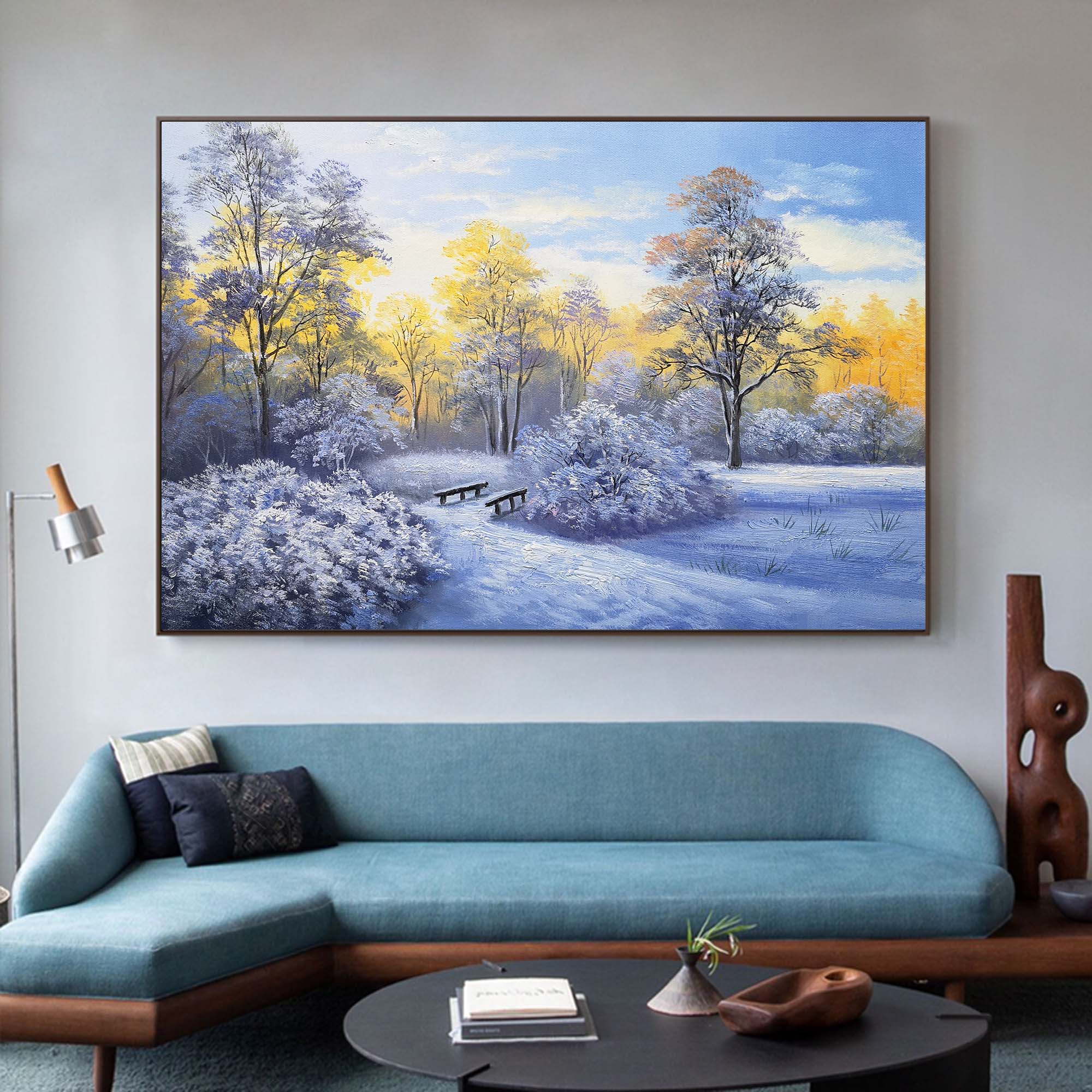 Sunlit Snowy Woodland Scene Vibrant Warm‑Cool Tone Nature Wall Art