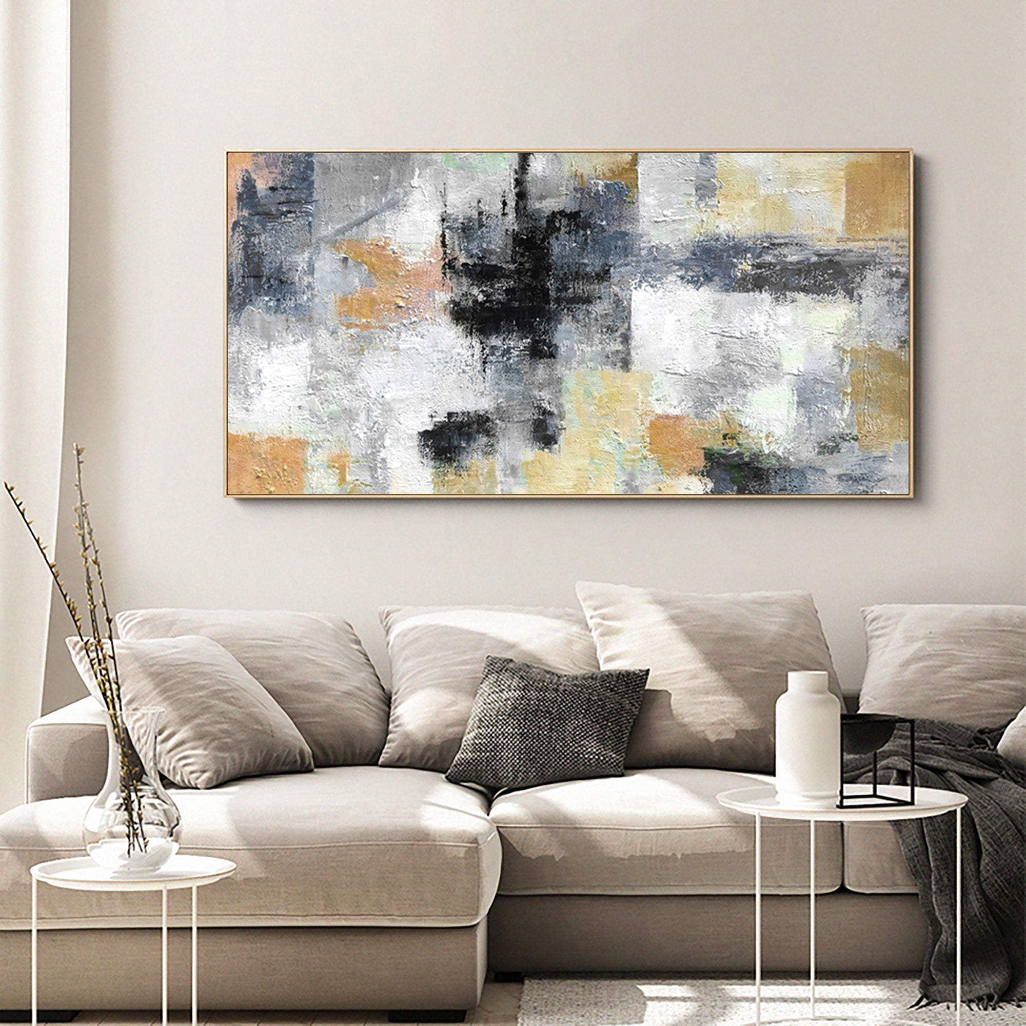 Abstract Black Gray Gold Textured Geometric Oil Acrylic Linen Canvas Painting