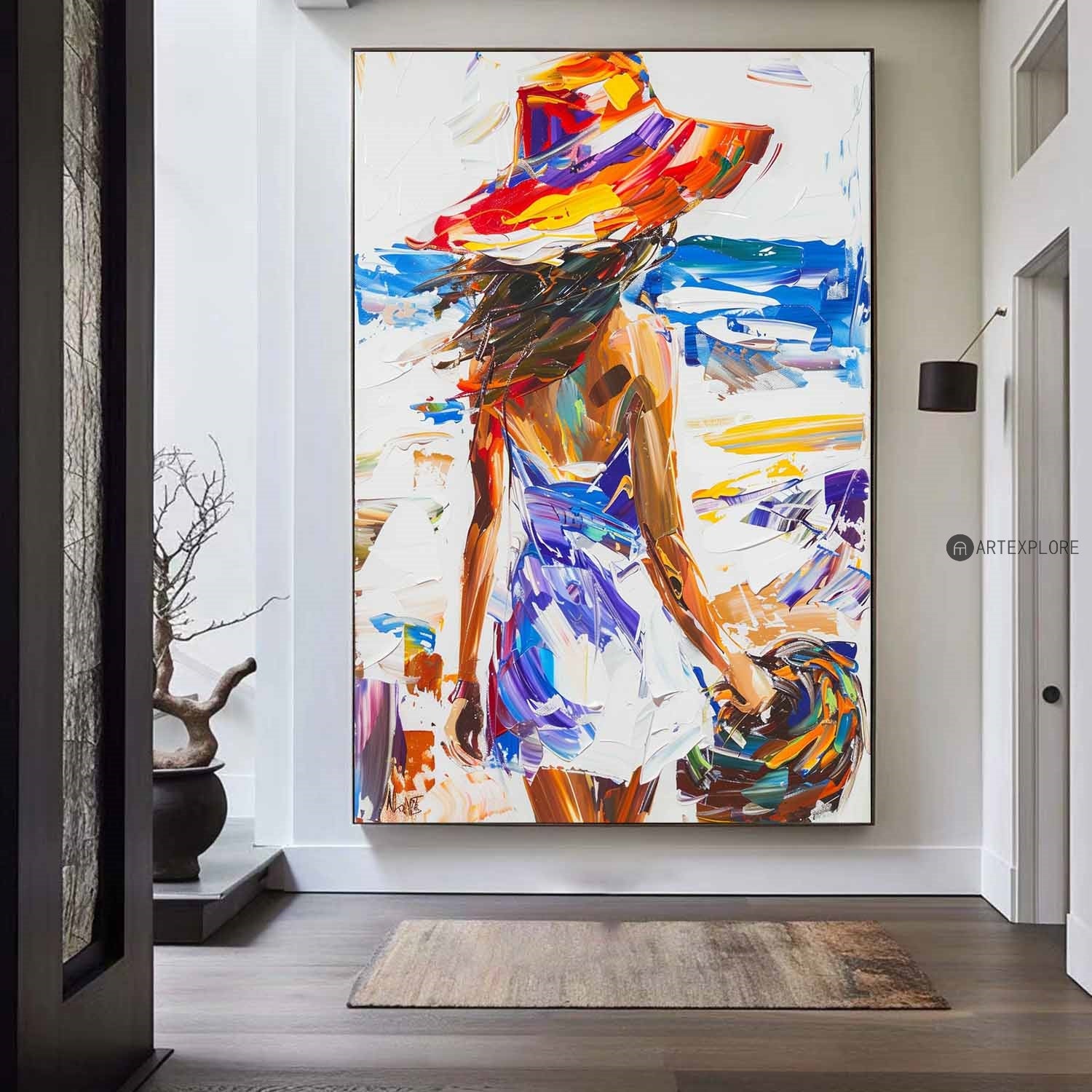 Colorful Hat Woman Beach Oil Painting