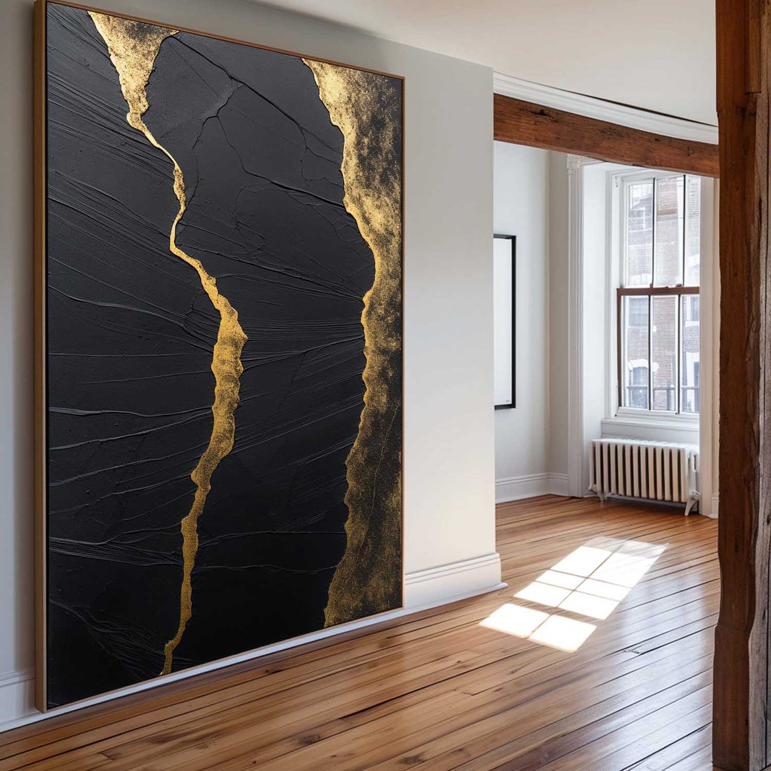Luxury Black‑Gold Vein Abstract Heavy Impasto Metallic Textured Artwork