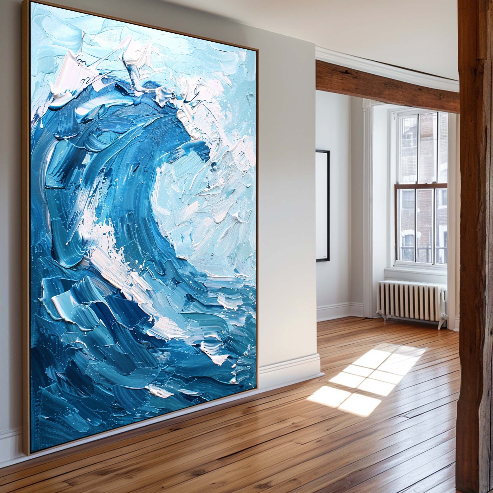 Crashing Ocean Surf Abstract Blue‑Tone Heavy Impasto Raised‑Texture Artwork