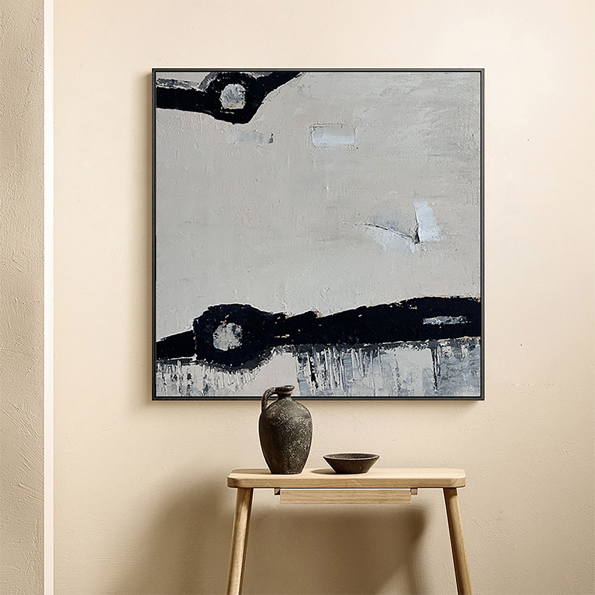 Beige‑Black Square Minimal‑Mark Impasto‑Textured Artwork