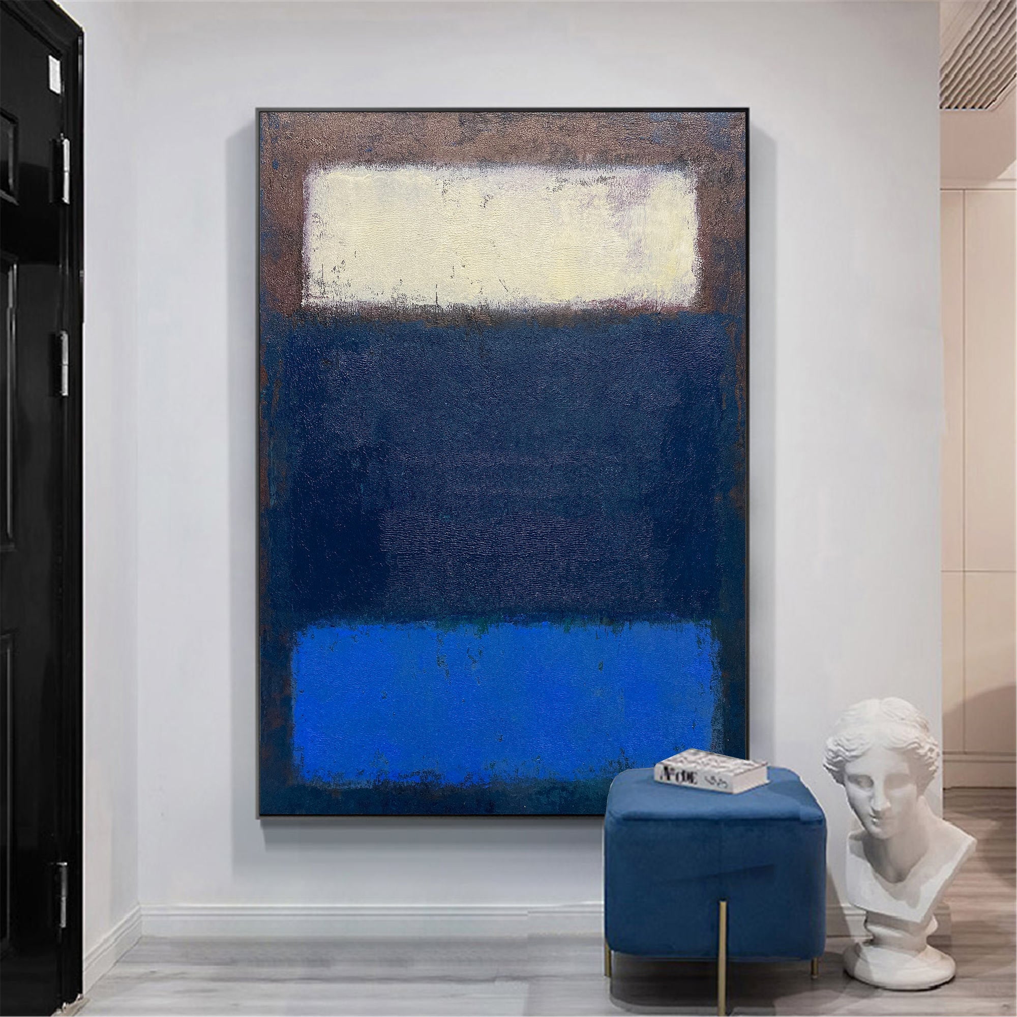 Navy‑Blue Cream‑Block Vertical Layer‑Panel Impasto Textured Artwork