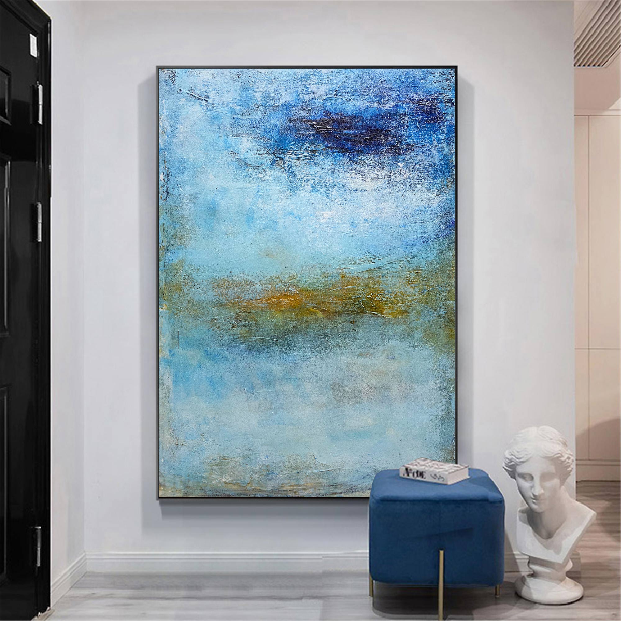Seascape Blue Gold White Coastal Abstract Oil Painting on Linen Canvas
