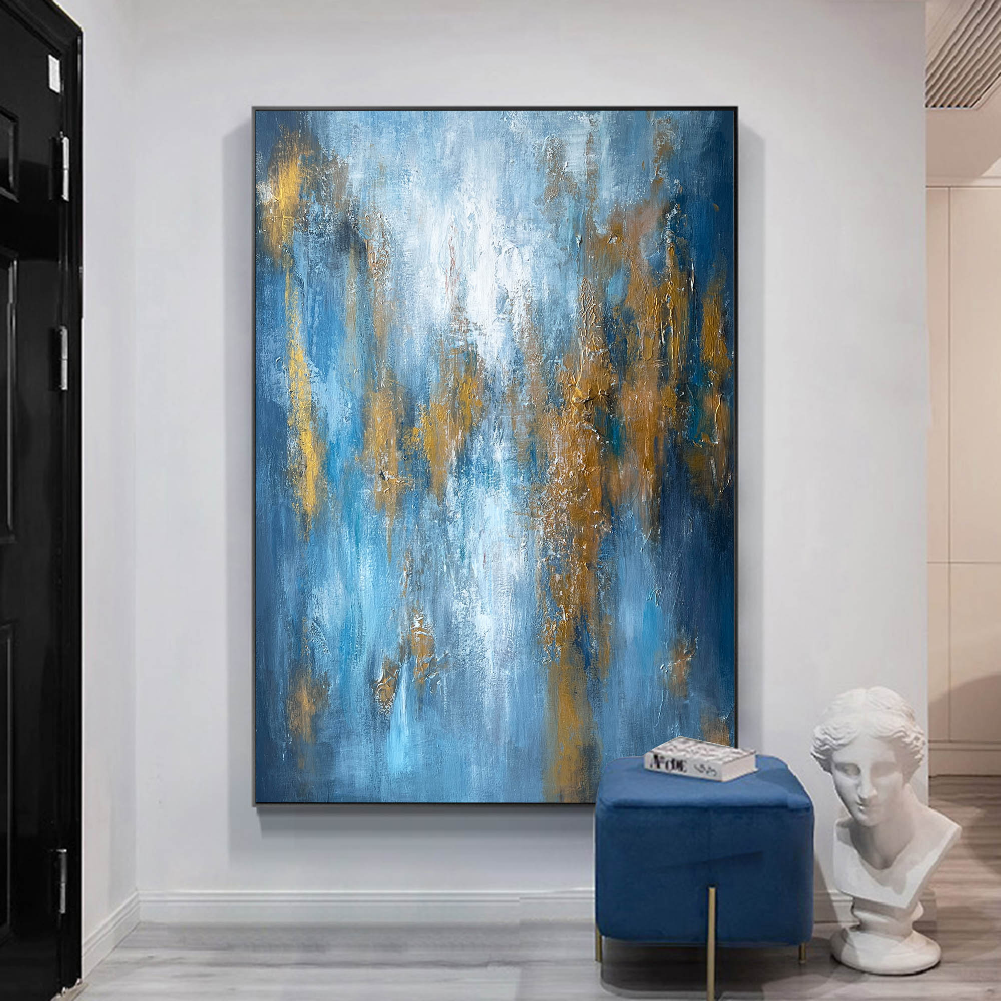 Sapphire‑Gold Palette Thick‑Texture Abstract Wall Piece