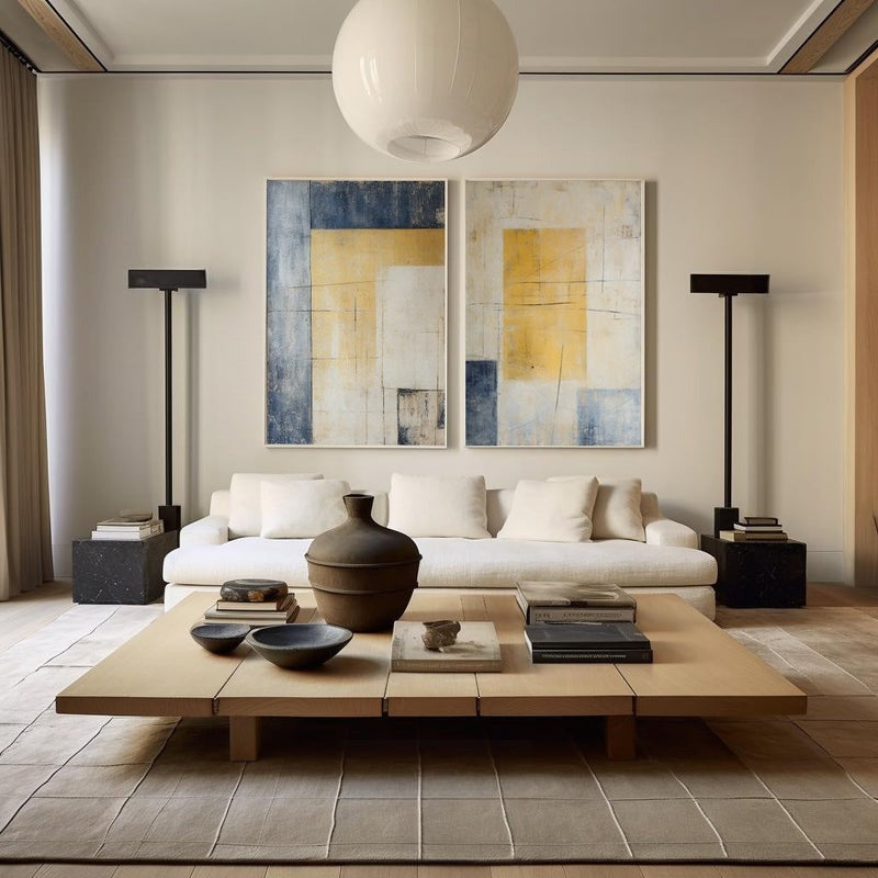 Diptych Yellow Blue Geometric Painting