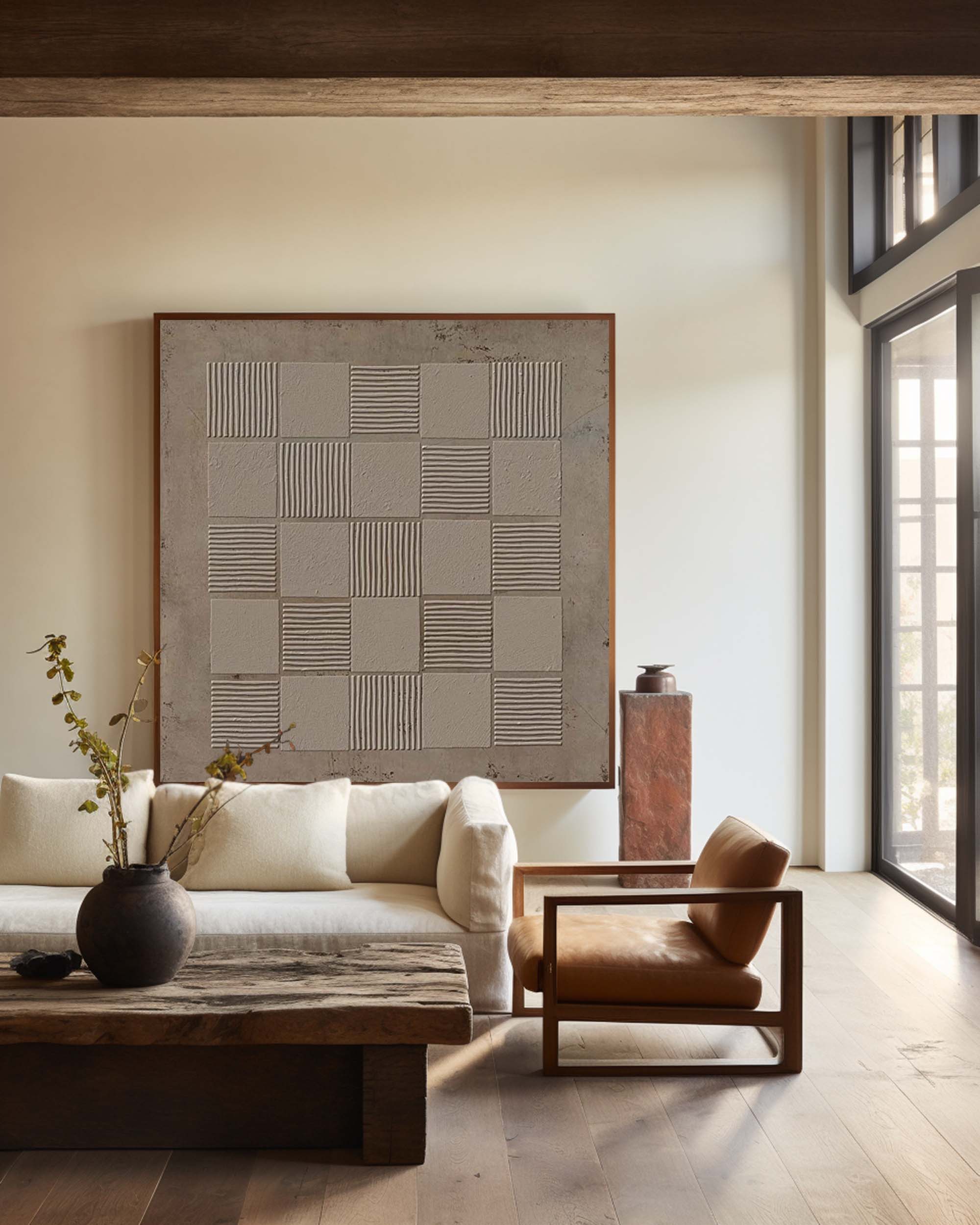 Beige‑Taupe Square Grid‑Line Raised‑Textured Artwork