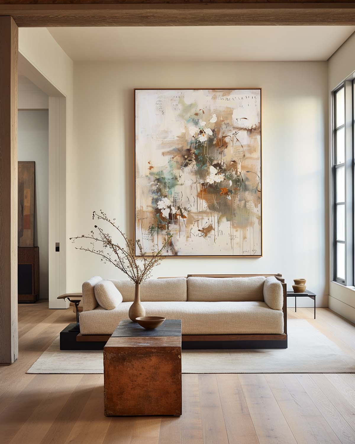 Wall Art Beige Floral Abstract Textured Canvas Living Room | Neutralighting