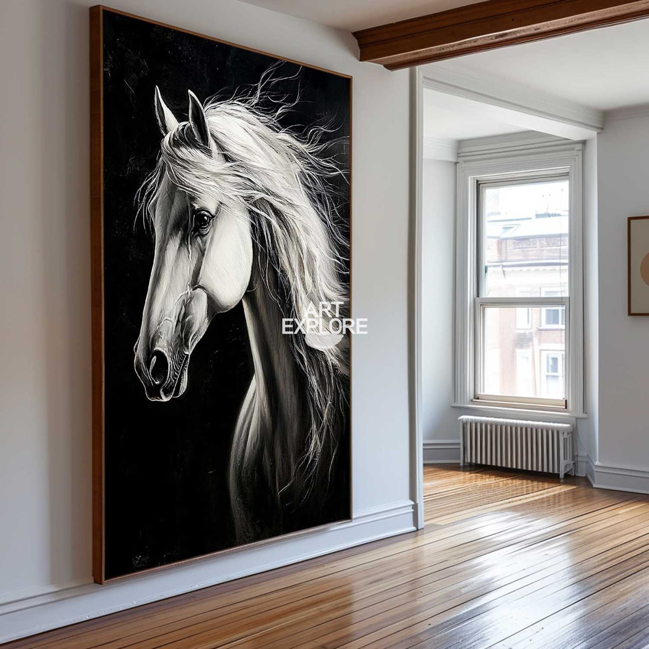 Black Background White Horse Canvas Art
