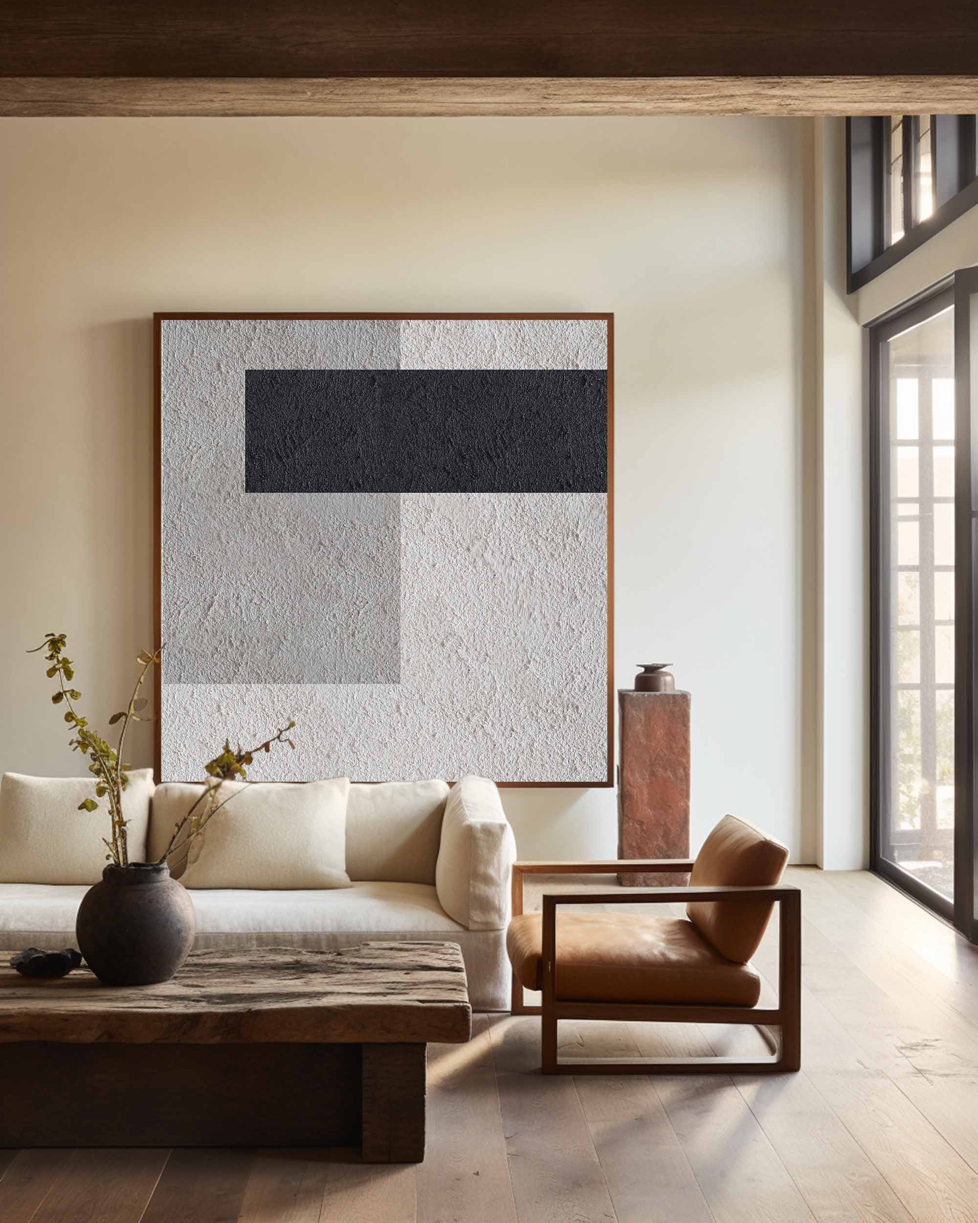Black‑Grey‑Beige Square Geometric Block‑Segment Contrast‑Textured Artwork