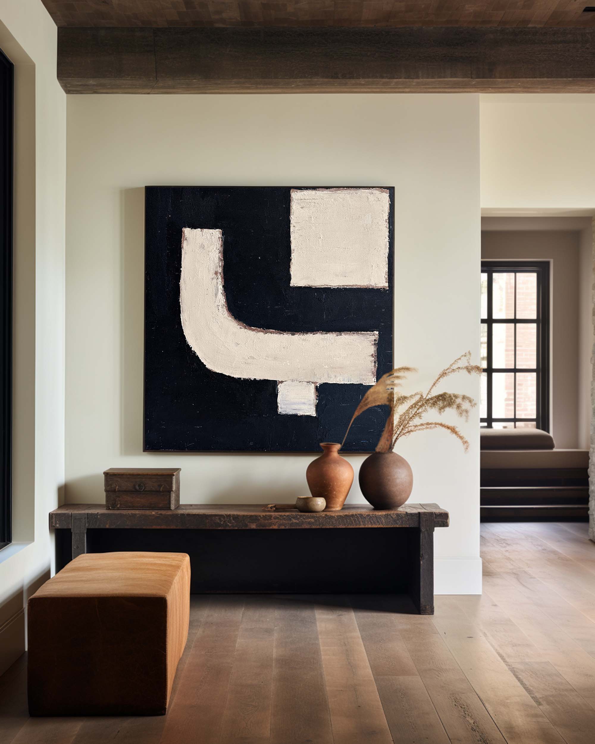 Black‑Cream Square Geometric‑Block Impasto‑Textured Artwork