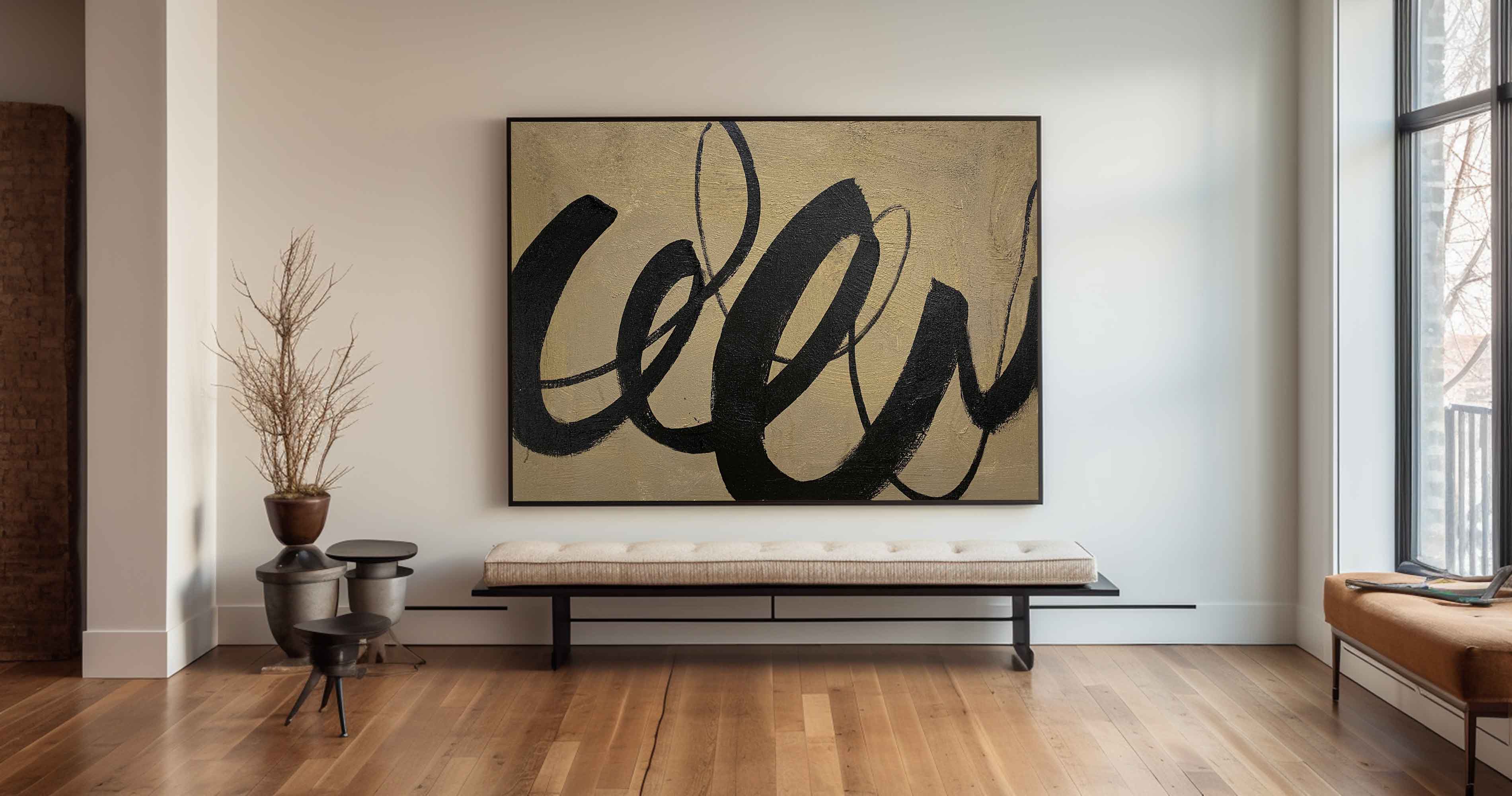 Gestural Calligraphic Abstract Unstretched Linen Canvas Wall Decoration