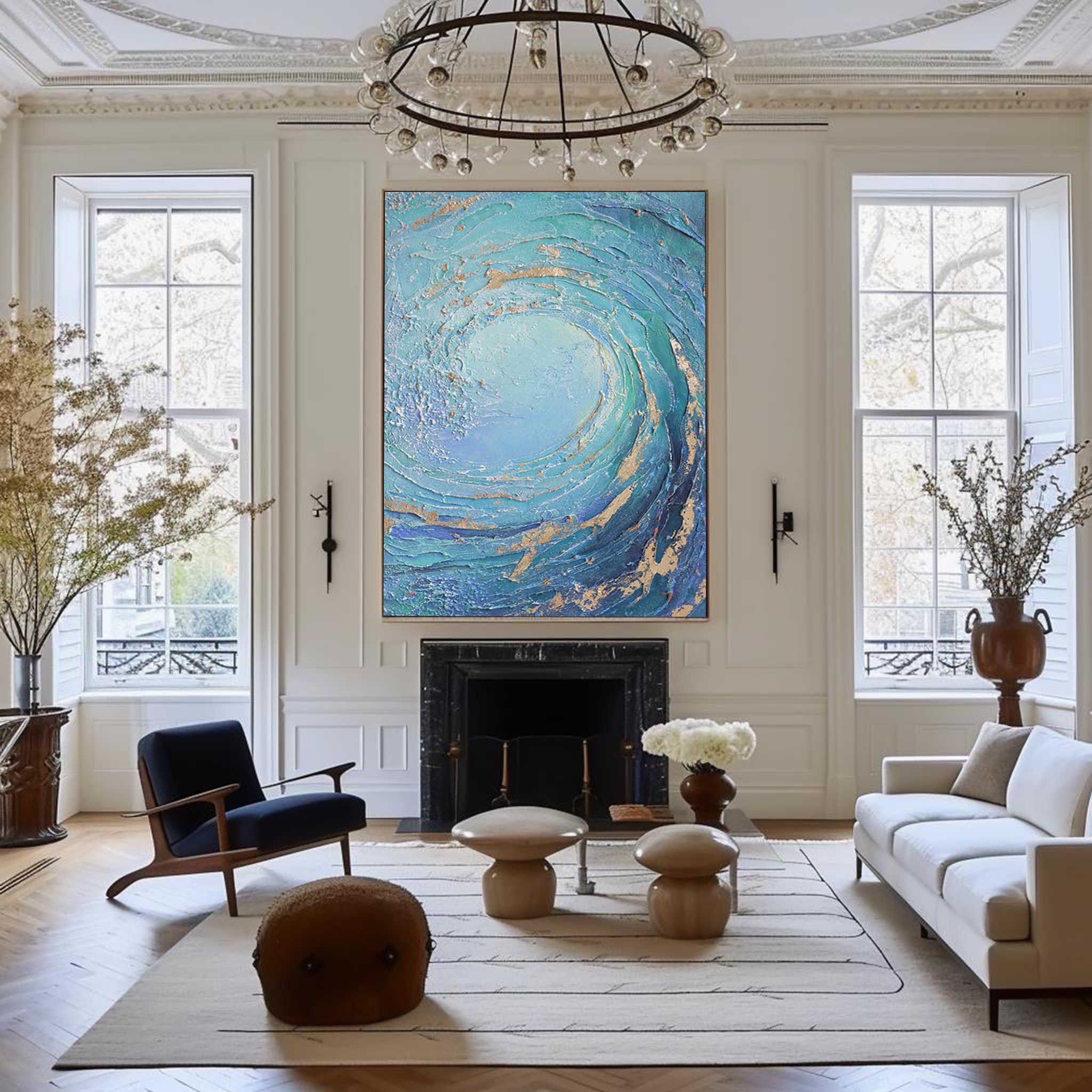 Ocean Wave Blue Gold Abstract Canvas Wall Art