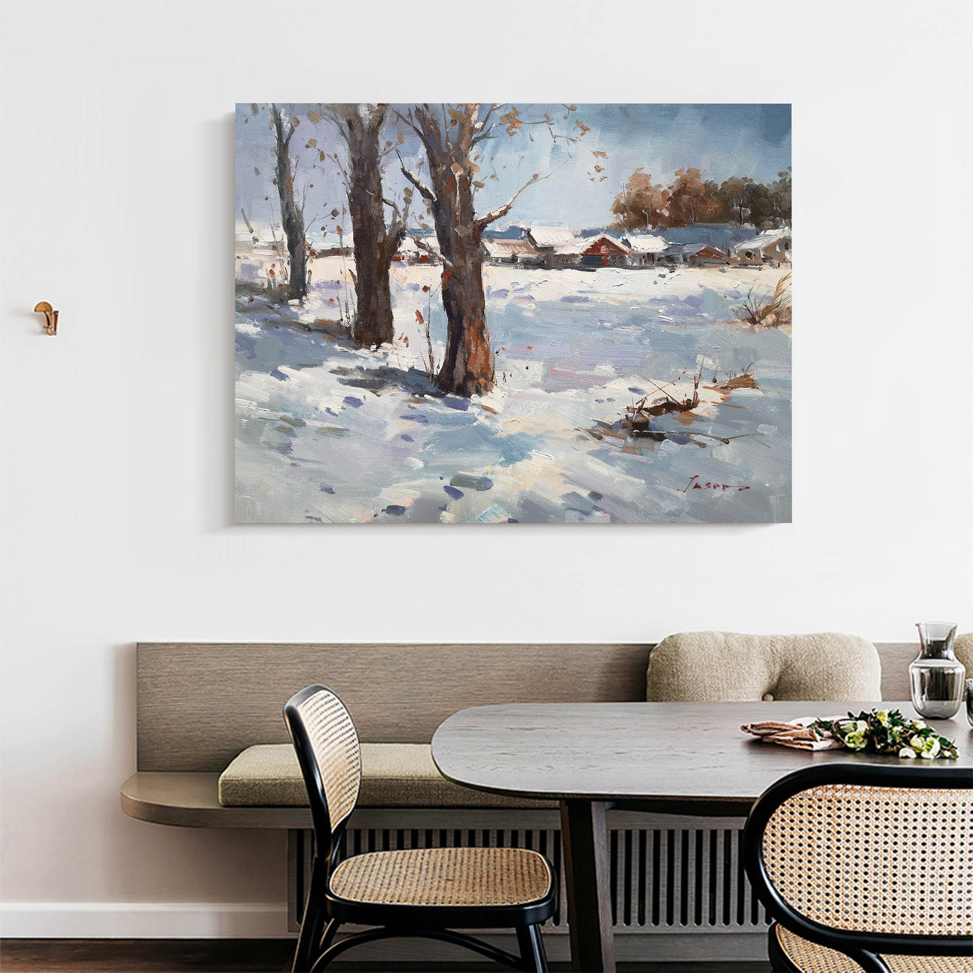 Rustic Snowy Village Winter Landscape Canvas Wall Art