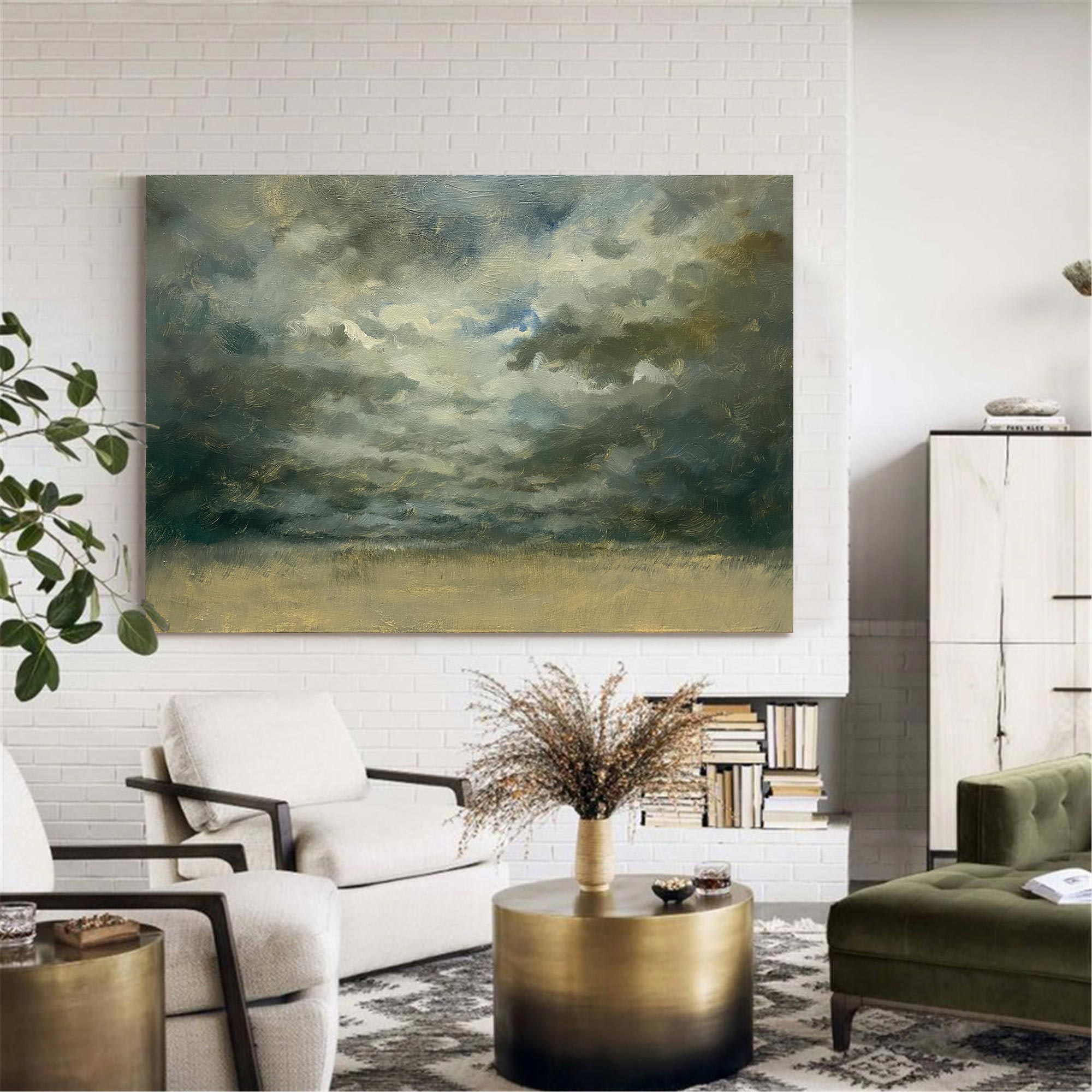 Abstract Stormy Sky Gold Horizon Oil Acrylic Linen Canvas Painting