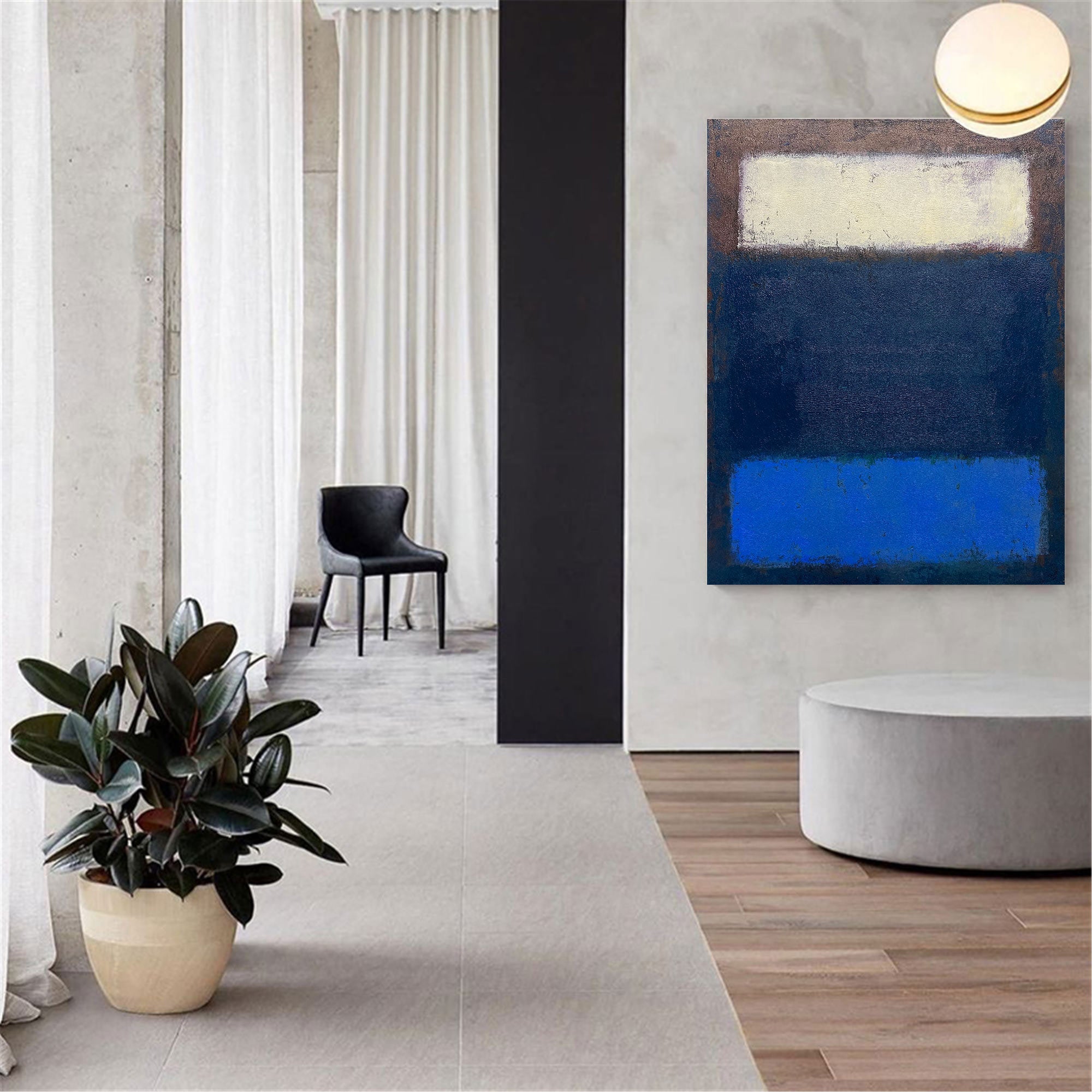 Navy‑Blue Cream‑Block Vertical Layer‑Panel Impasto Textured Artwork