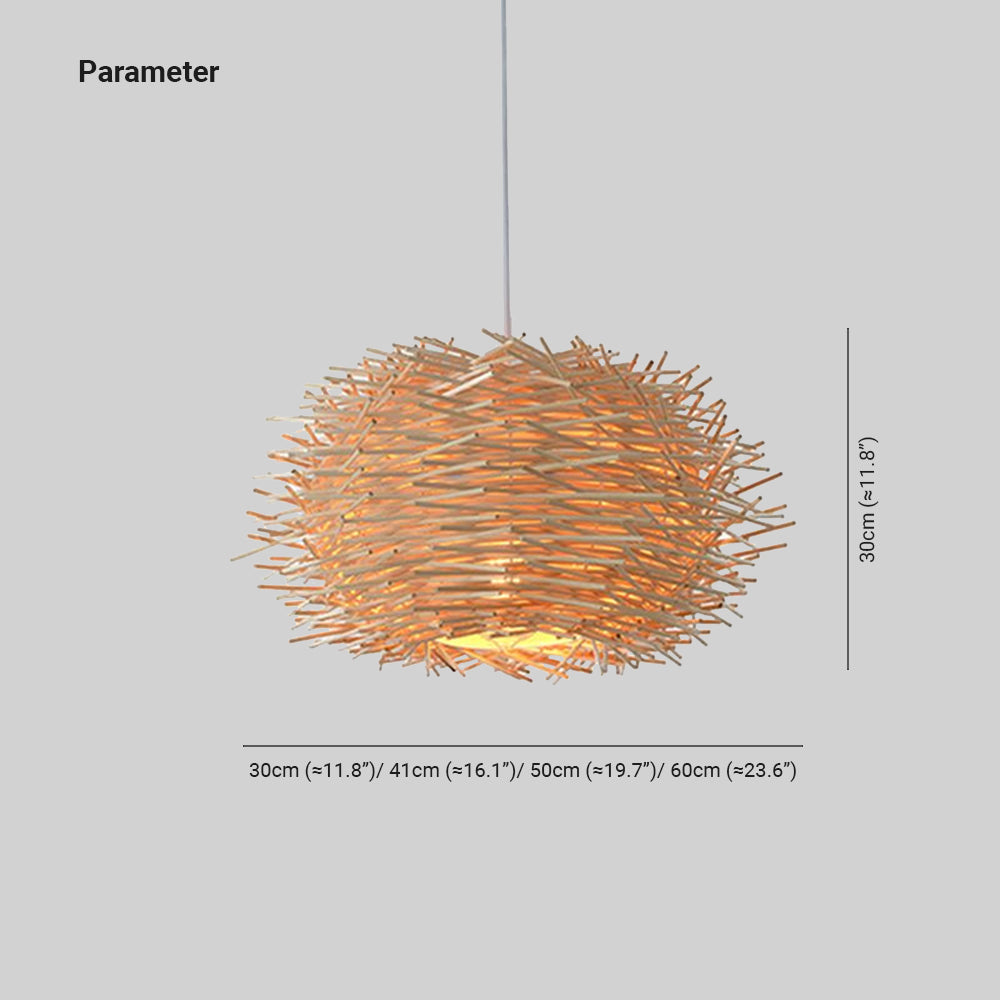 Muto Wooden Bird Nest Rattan Pendant Light, Brown/Wood - Neutralighting