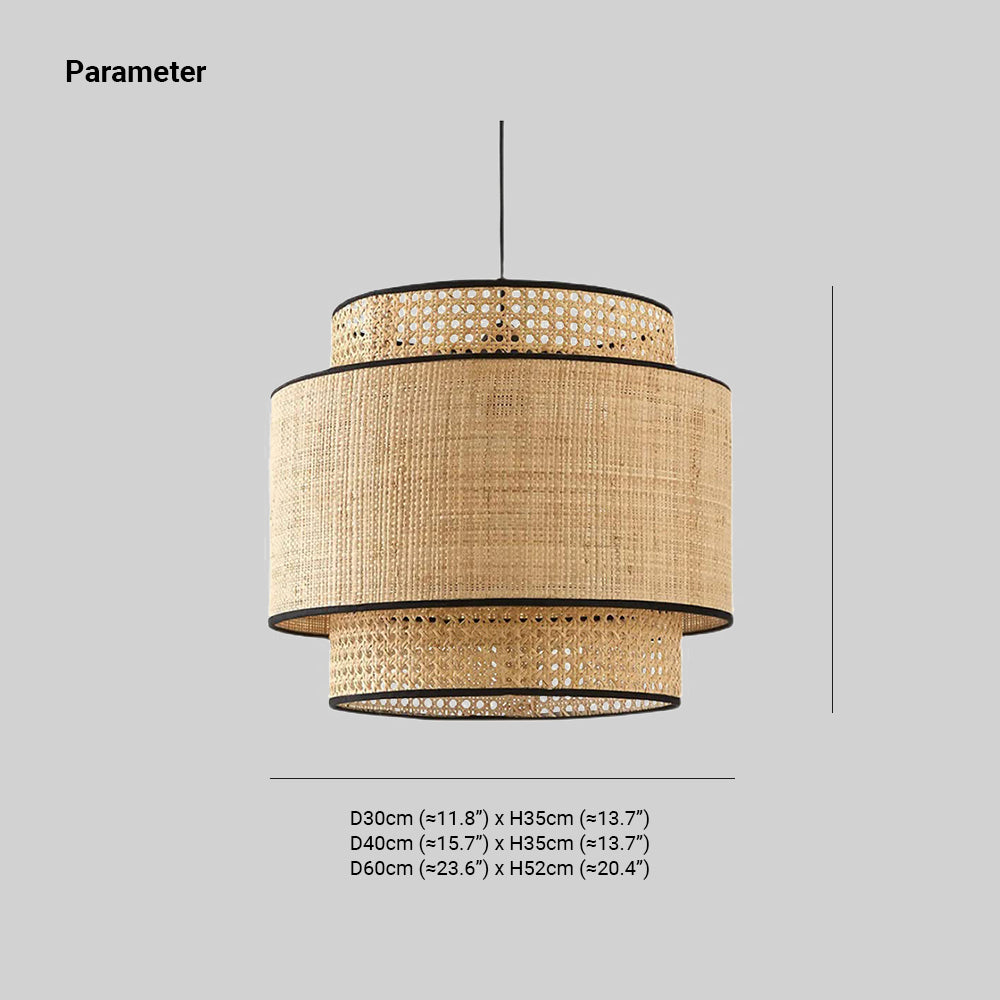 Ritta Wabi Sabi Tri-Layer Cylindrical Rattan/Metal Pendant Light, Wooden - Neutralighting