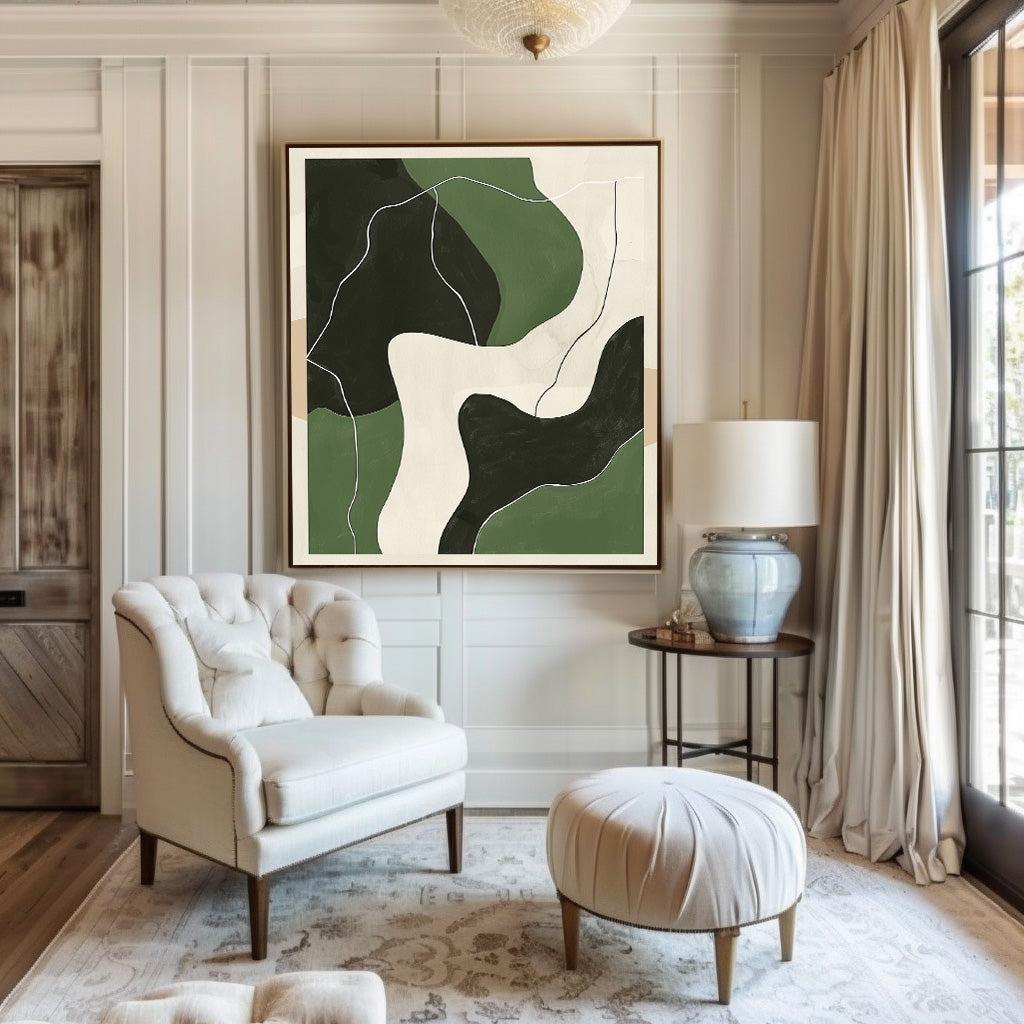 Green‑Beige‑Black Curved Contour Abstract  Layered Impasto Textured Artwork