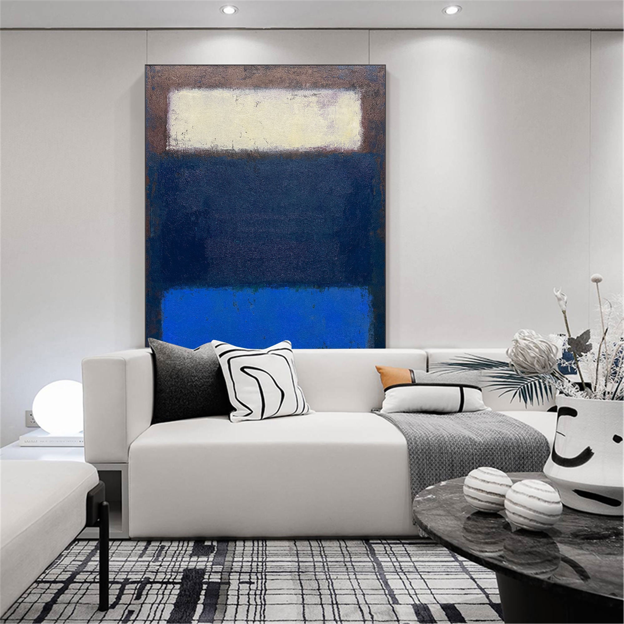 Navy‑Blue Cream‑Block Vertical Layer‑Panel Impasto Textured Artwork