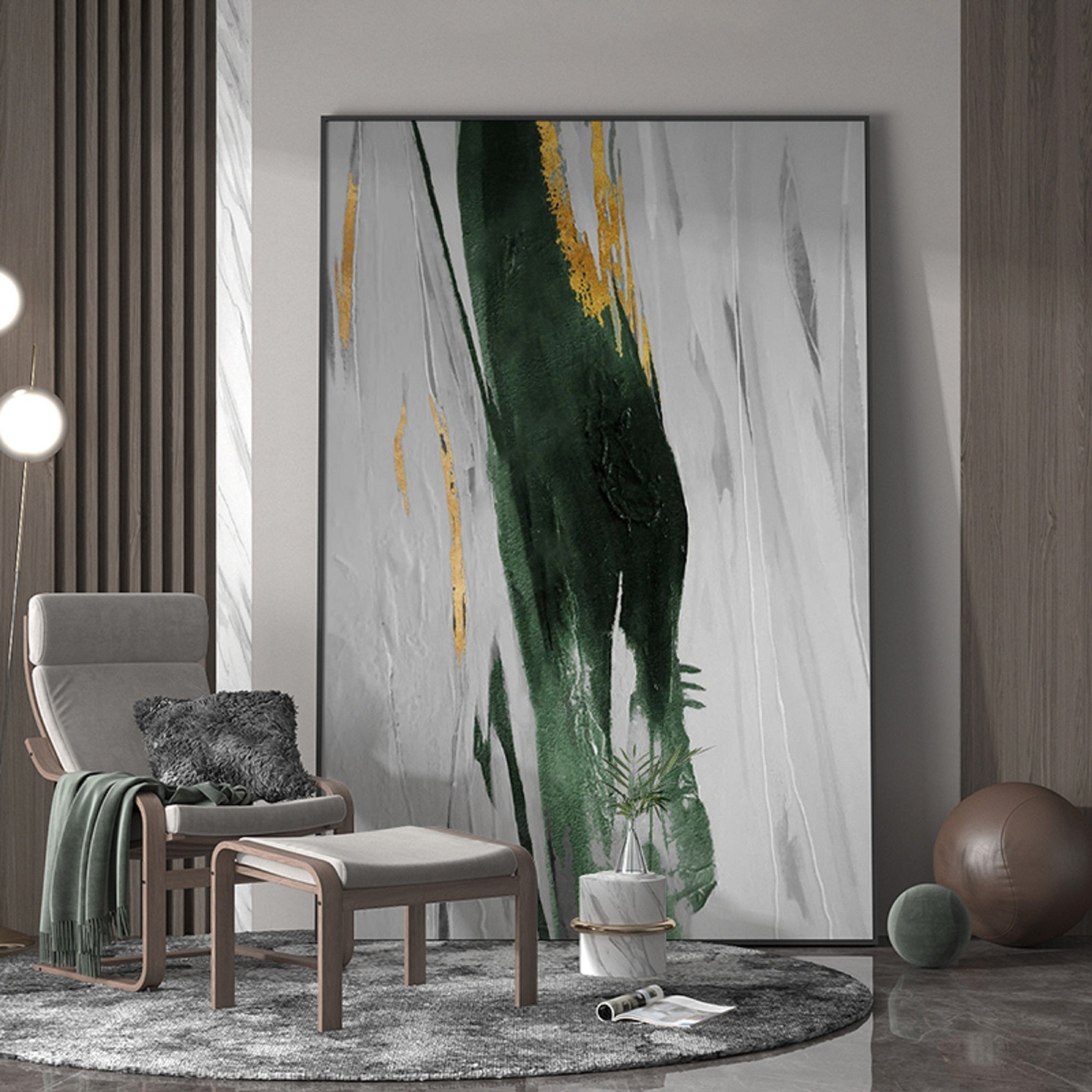 Grey‑Emerald‑Gold Vertical Streaked‑Brush Impasto‑Textured Artwork