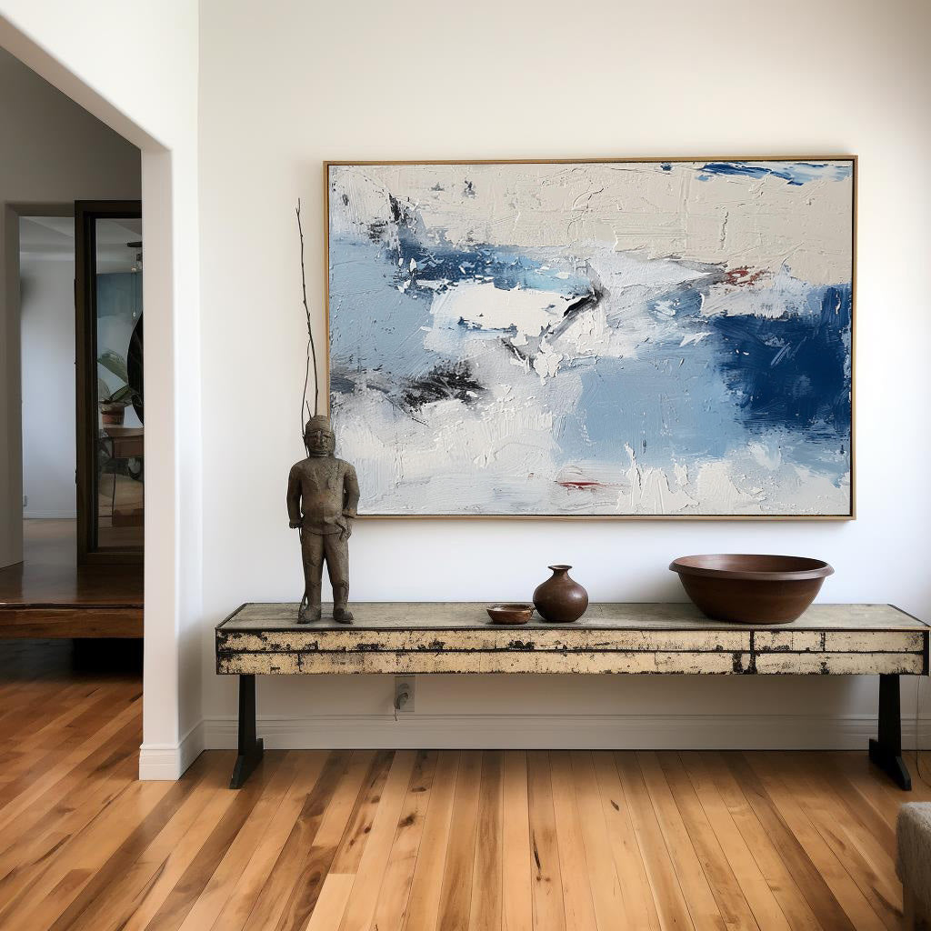 Cool‑Tone Blue‑White‑Grey Abstract Heavy Impasto Blended‑Hue Textured Artwor