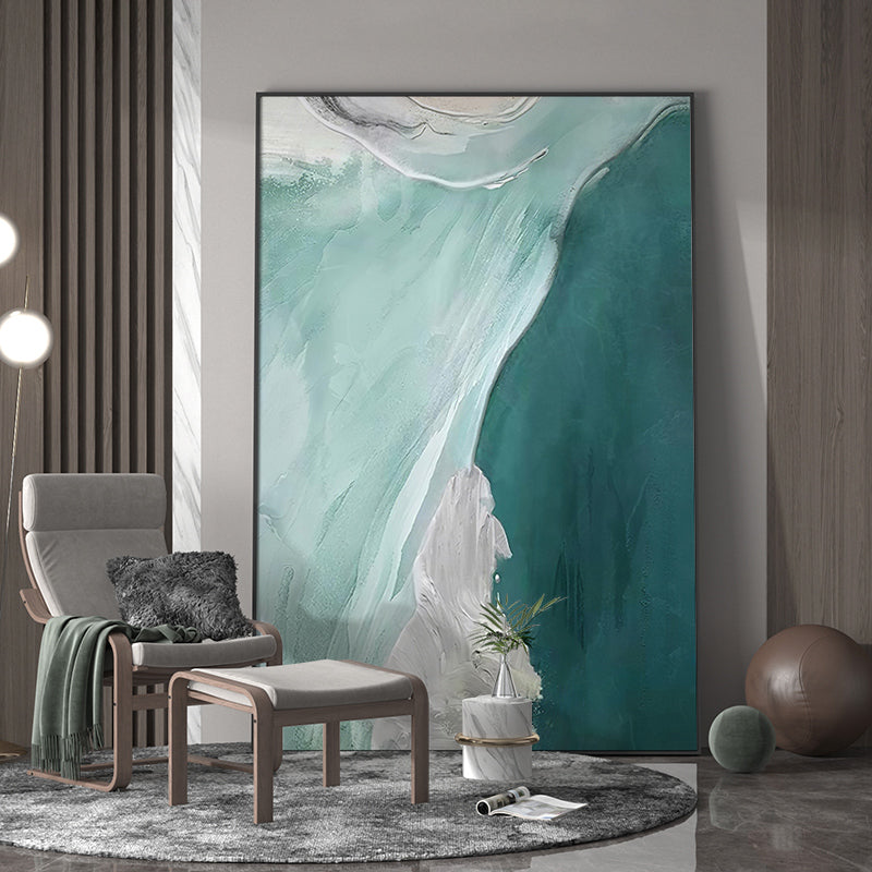 Abstract Teal White Fluid Coastal Waves Oil Acrylic Linen Canvas Painting