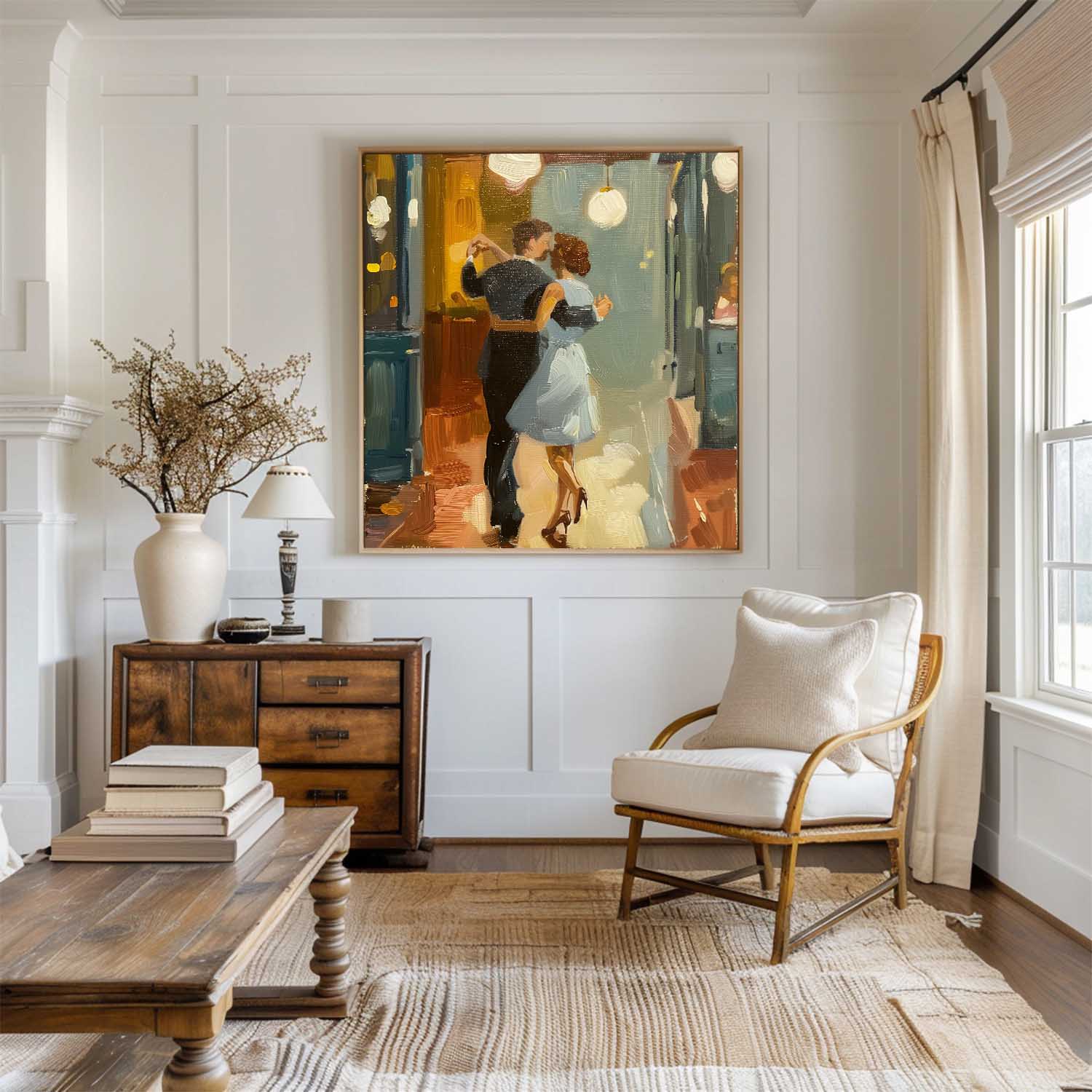 Romantic Dancing Couple Figure  Warm‑Tone Vivid Brushstroke Textured Artwork