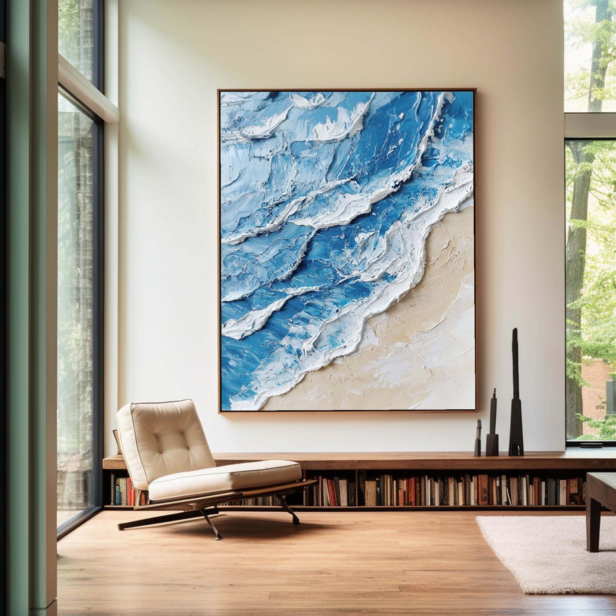 Seashore Wave Abstract Blue‑Beige Palette Heavy Raised Tactile Textured Artwork