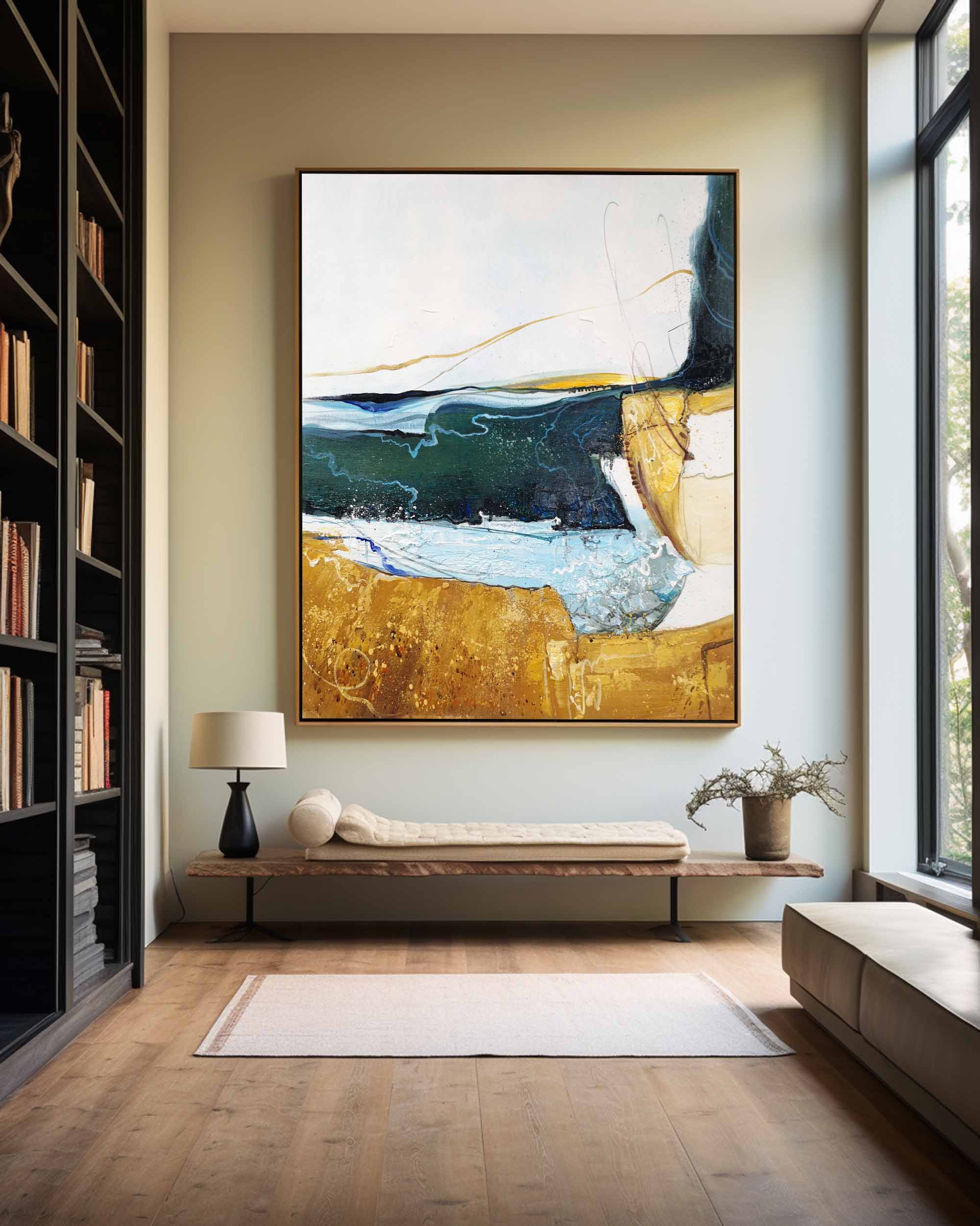 Coastal Abstract Blue Gold Organic Textured Wall Art