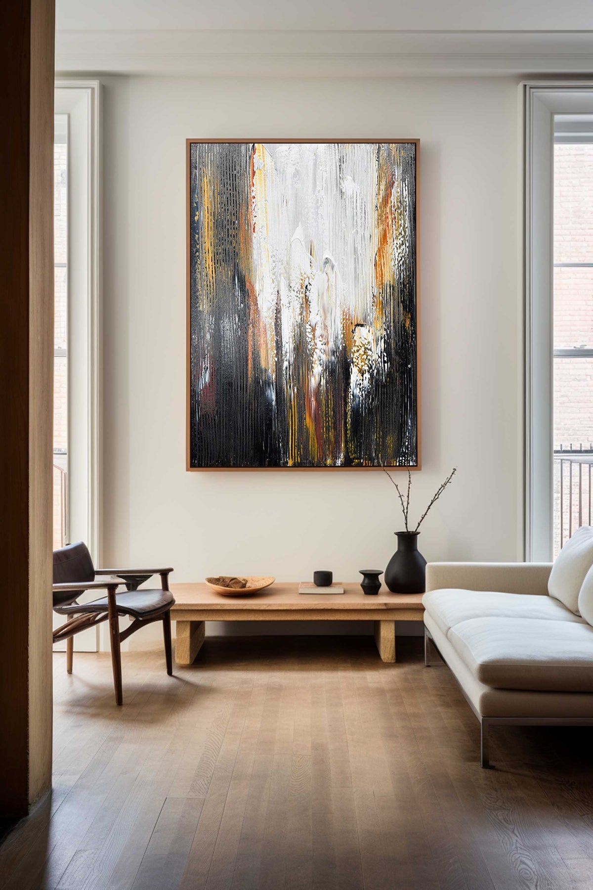 Large Contemporary Abstract Black Gold White Textured Vertical Oil Painting on Linen Canvas