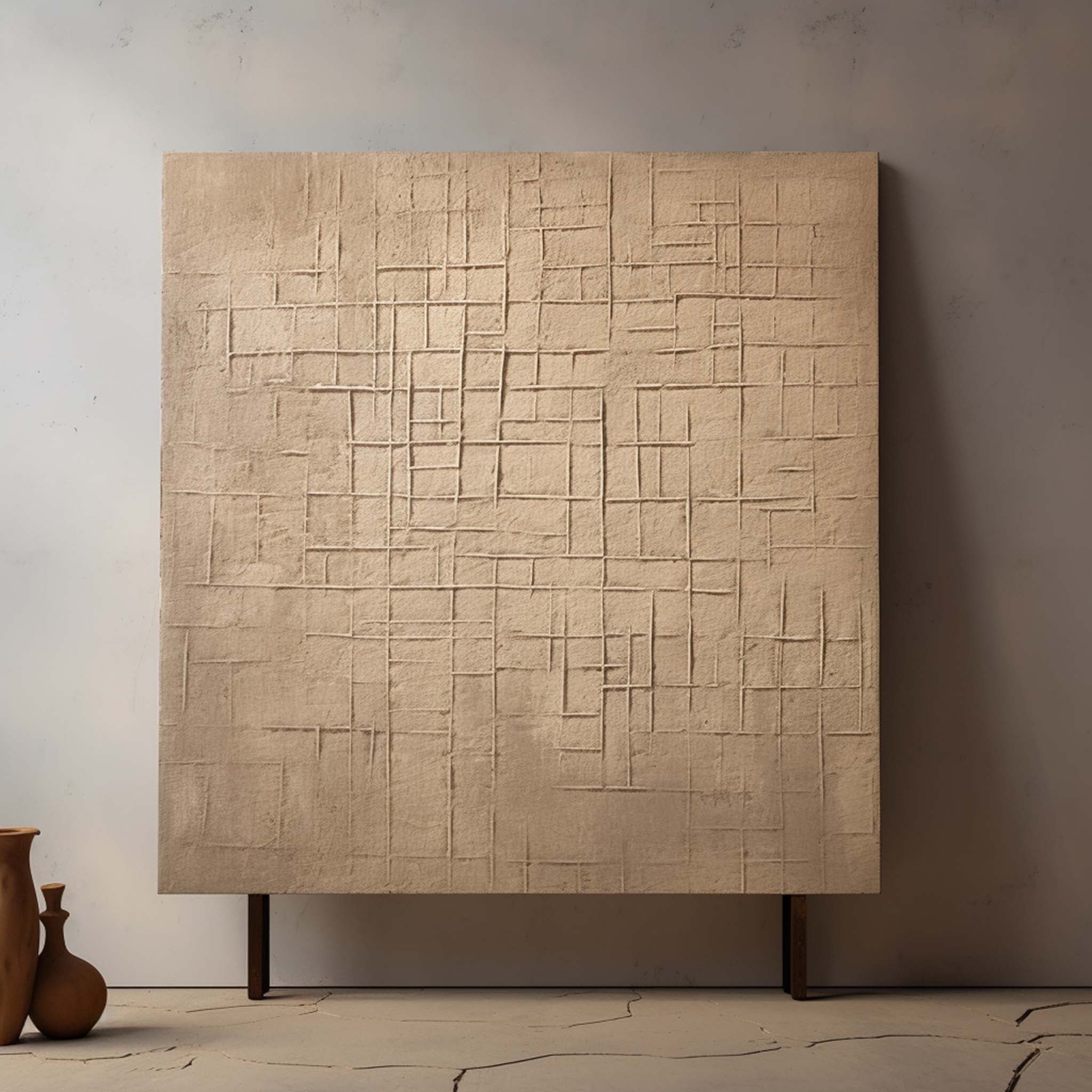 Wall Art Brown Grid Plaster Relief Canvas