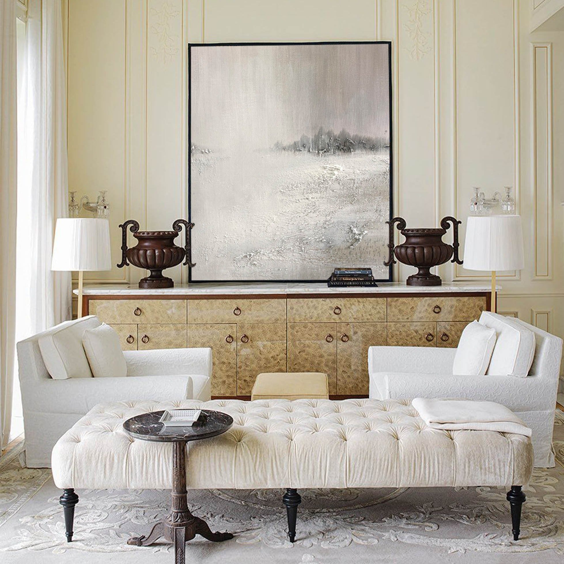 Grey‑Off‑White Vertical Mist‑Scenery Heavy‑Textured Artwork