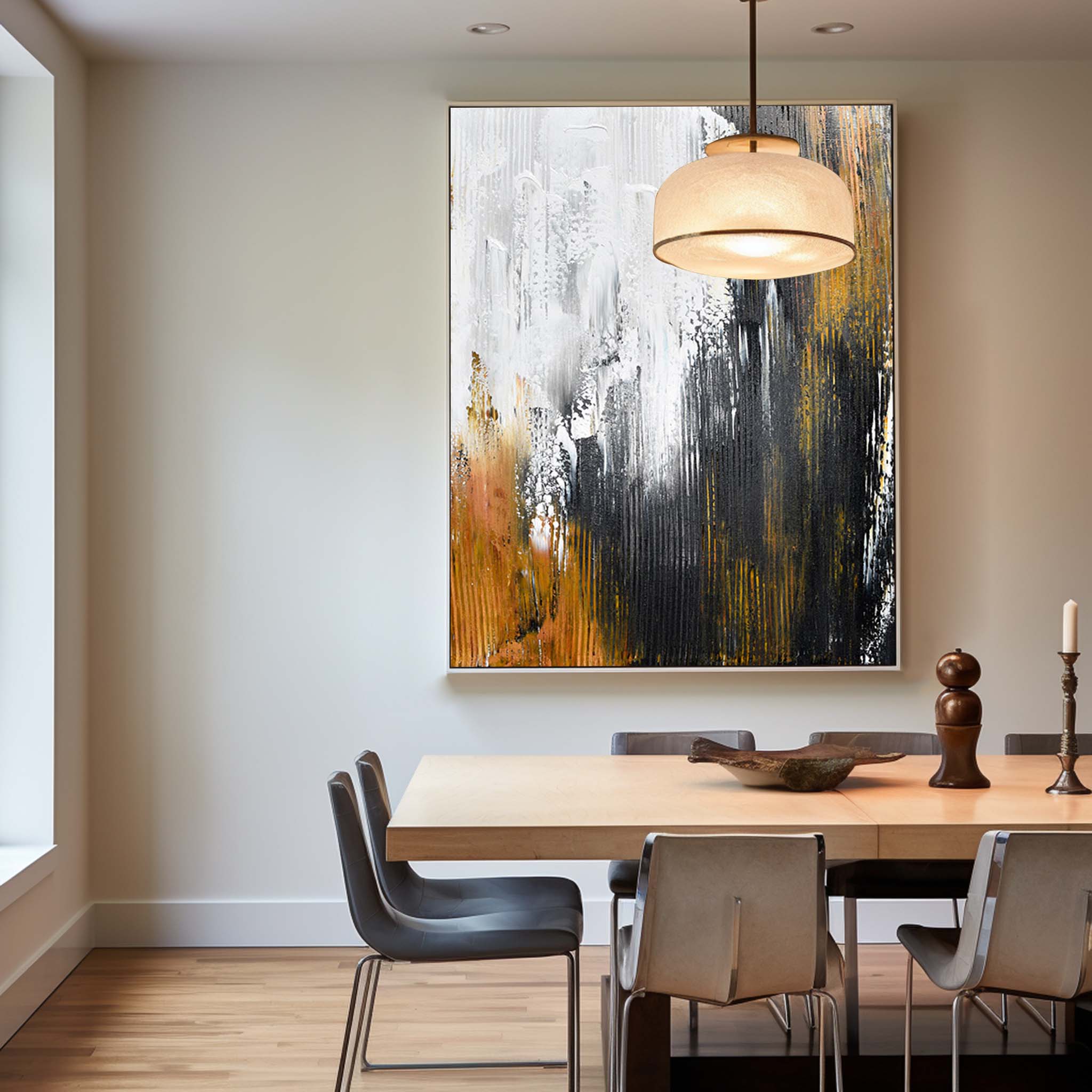 Large Contemporary Abstract Black Gold White Textured Vertical Oil Painting on Linen Canvas