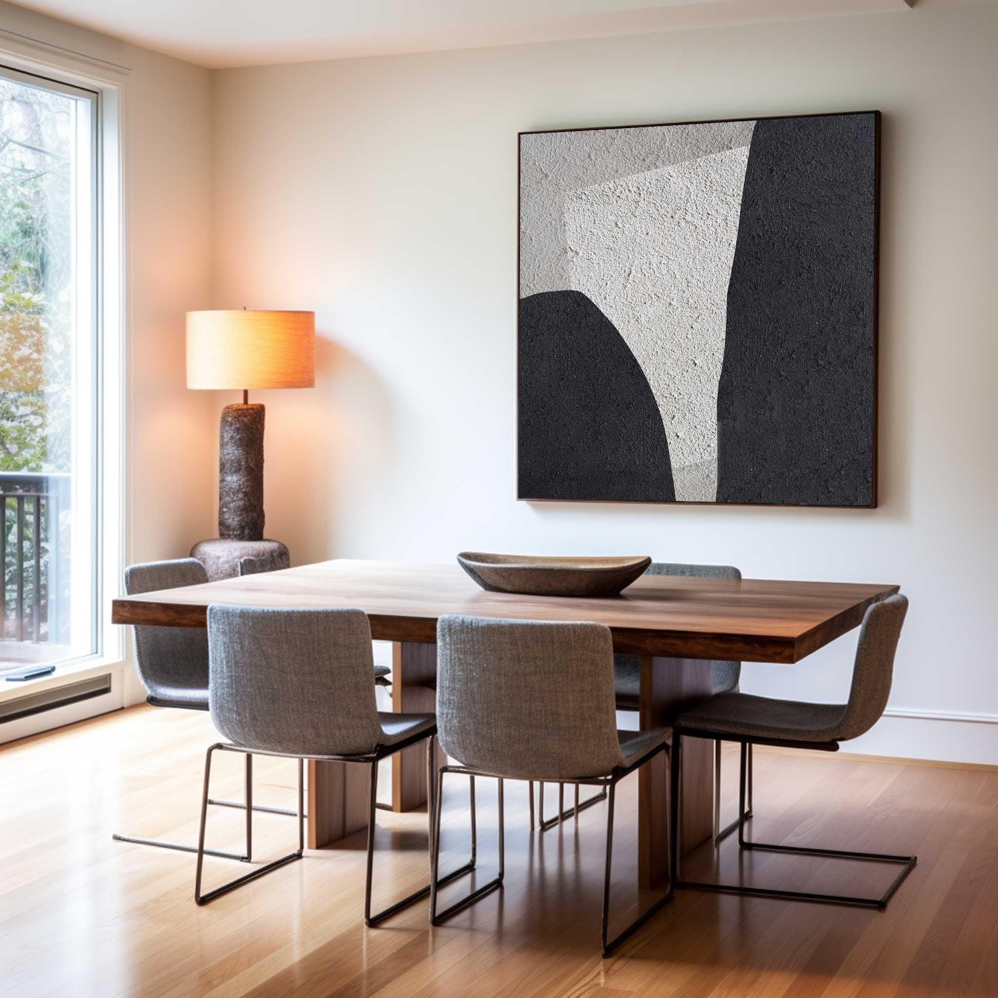 Black‑Off‑White Square Geometric Layered‑Curve Coarse‑Textured Artwork