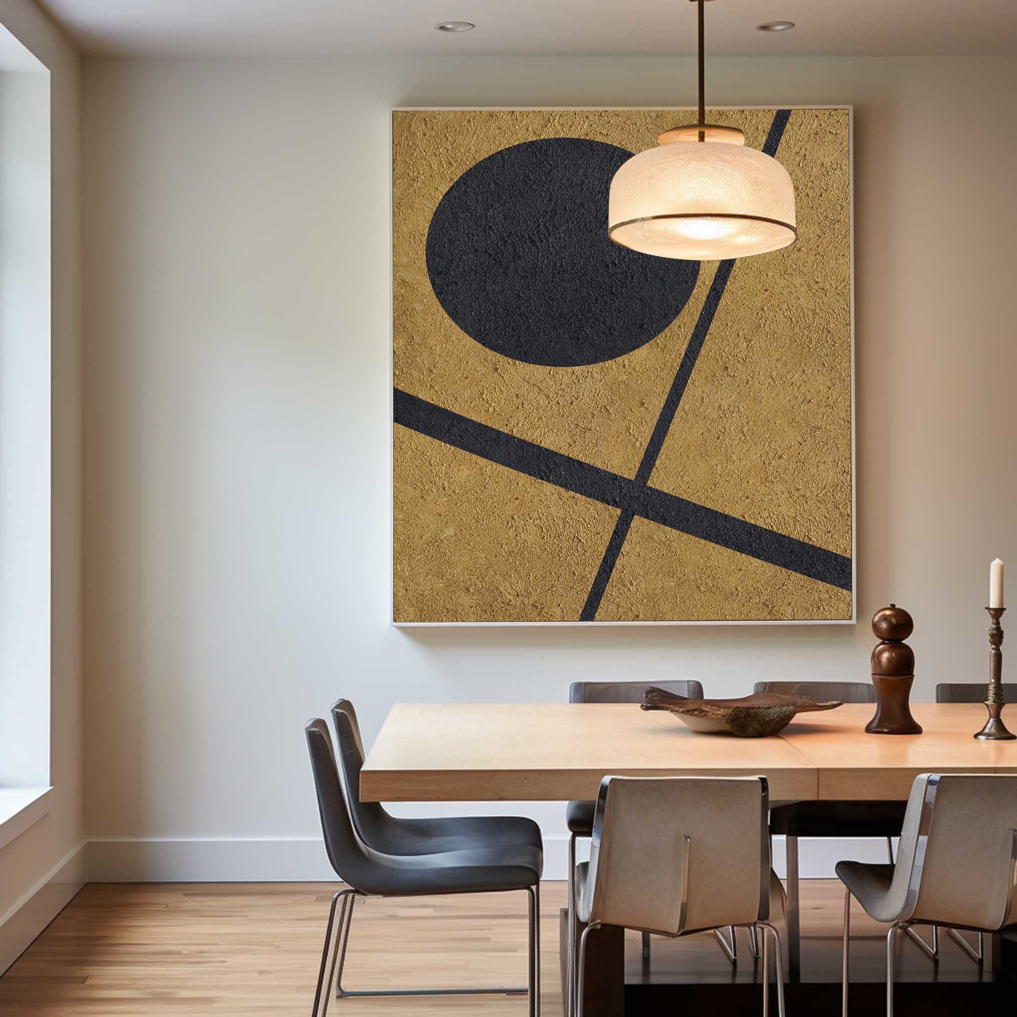 Gold‑Black Vertical Geometric Circle‑Line Coarse‑Textured Artwork