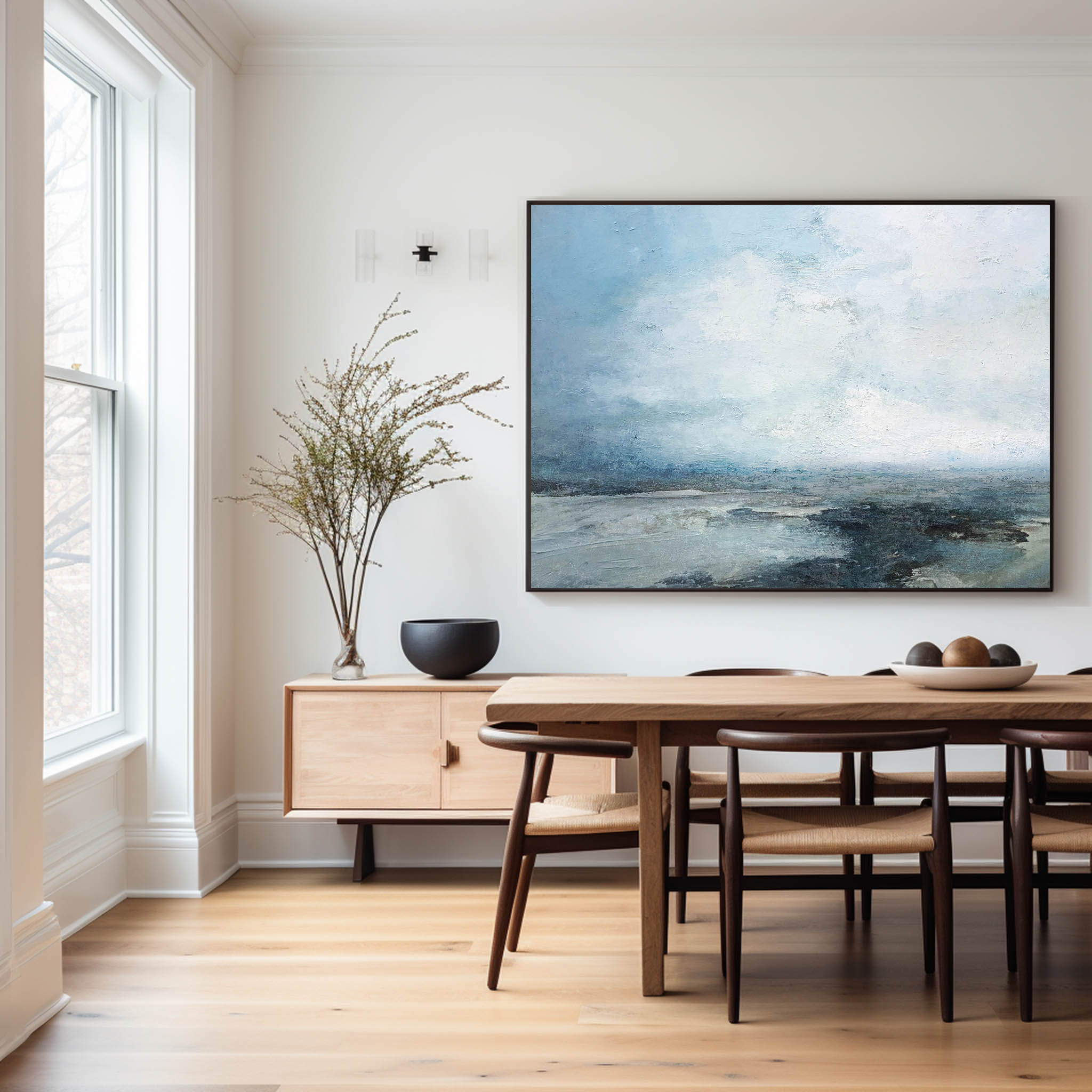 Serene Mist‑Shrouded Seascape Cool‑Tone Soft‑Layer Textured Artwork
