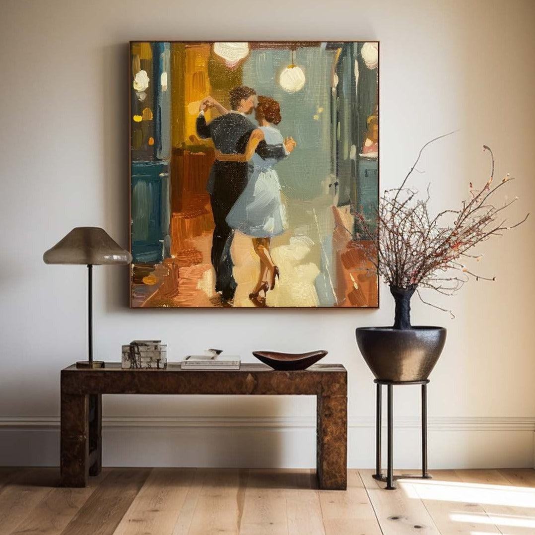 Romantic Dancing Couple Figure  Warm‑Tone Vivid Brushstroke Textured Artwork