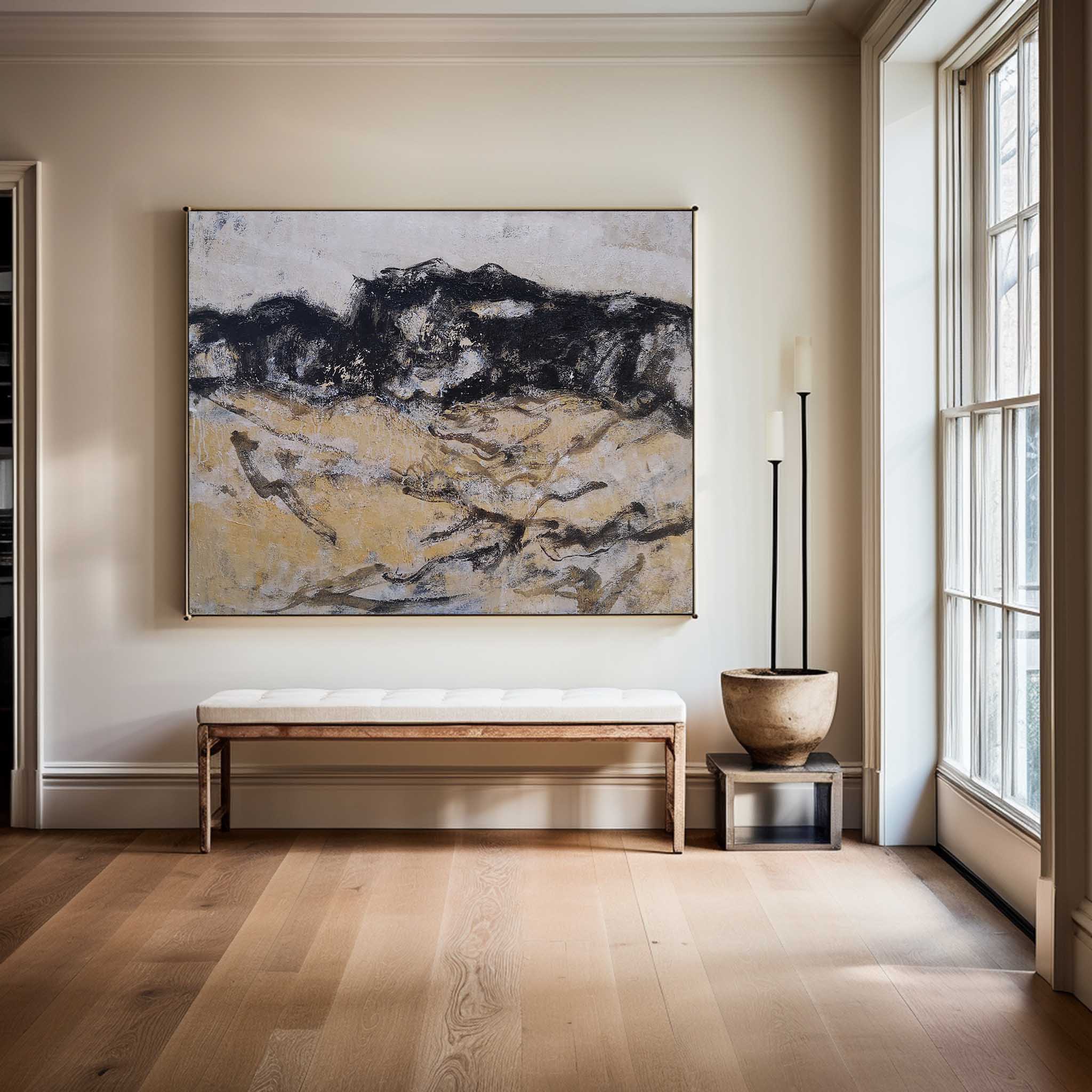 Black‑Gold‑Beige Abstract‑Landscape  Rugged Impasto‑Texture Artwork