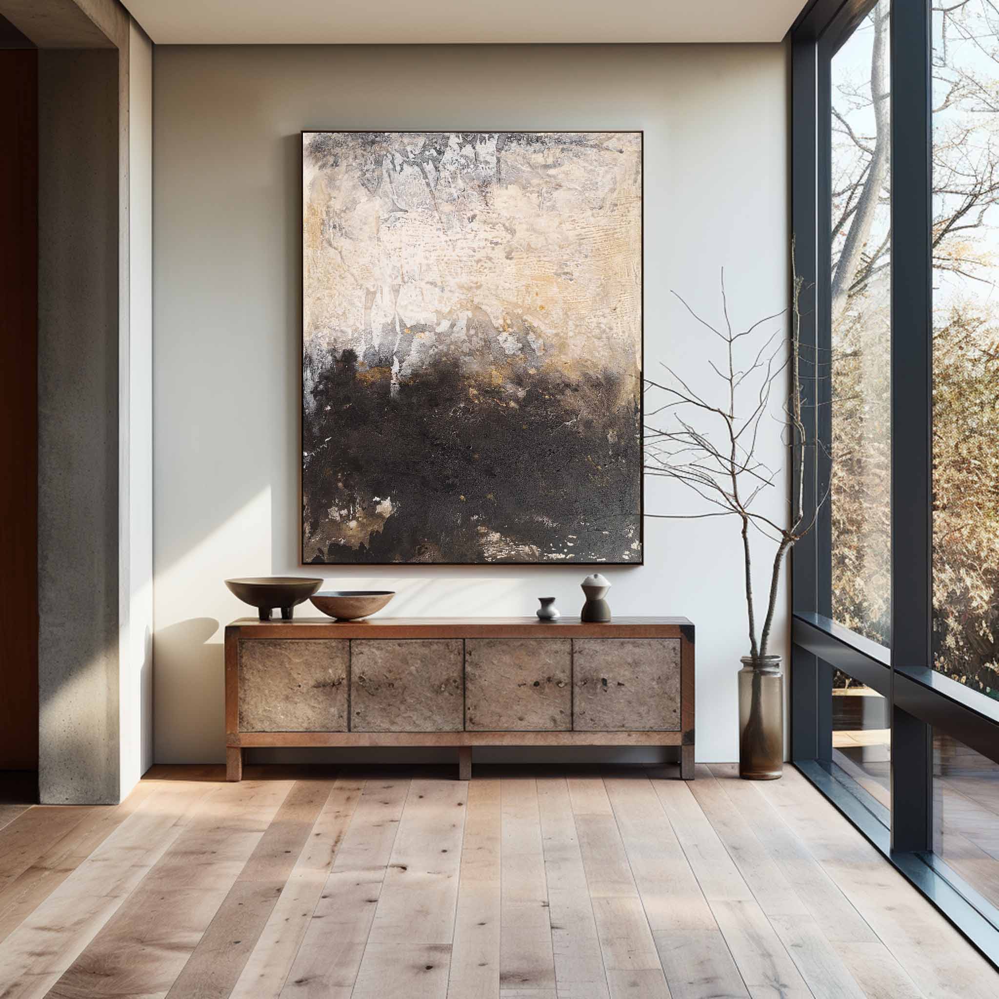 Beige‑Black Vertical Two‑Tone Earth‑Impasto Textured Artwork