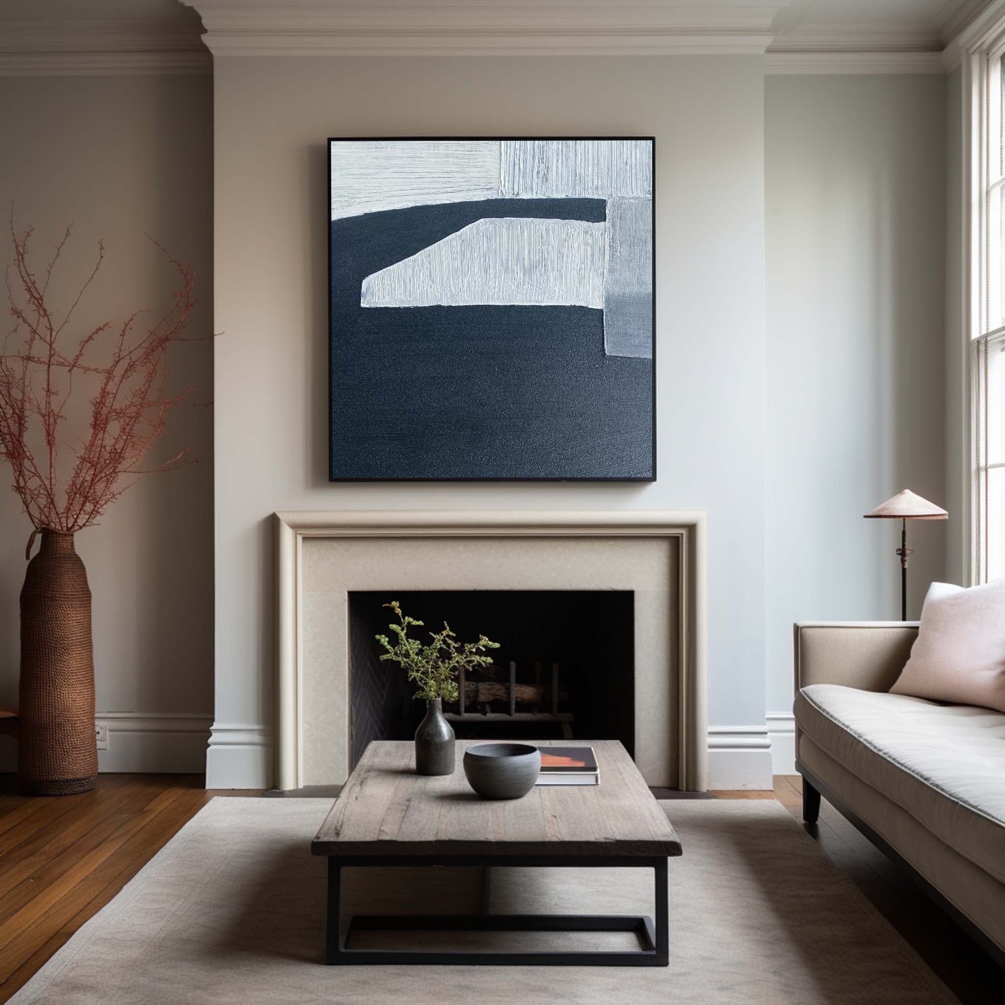 Blue White Black Abstract Geometric Painting